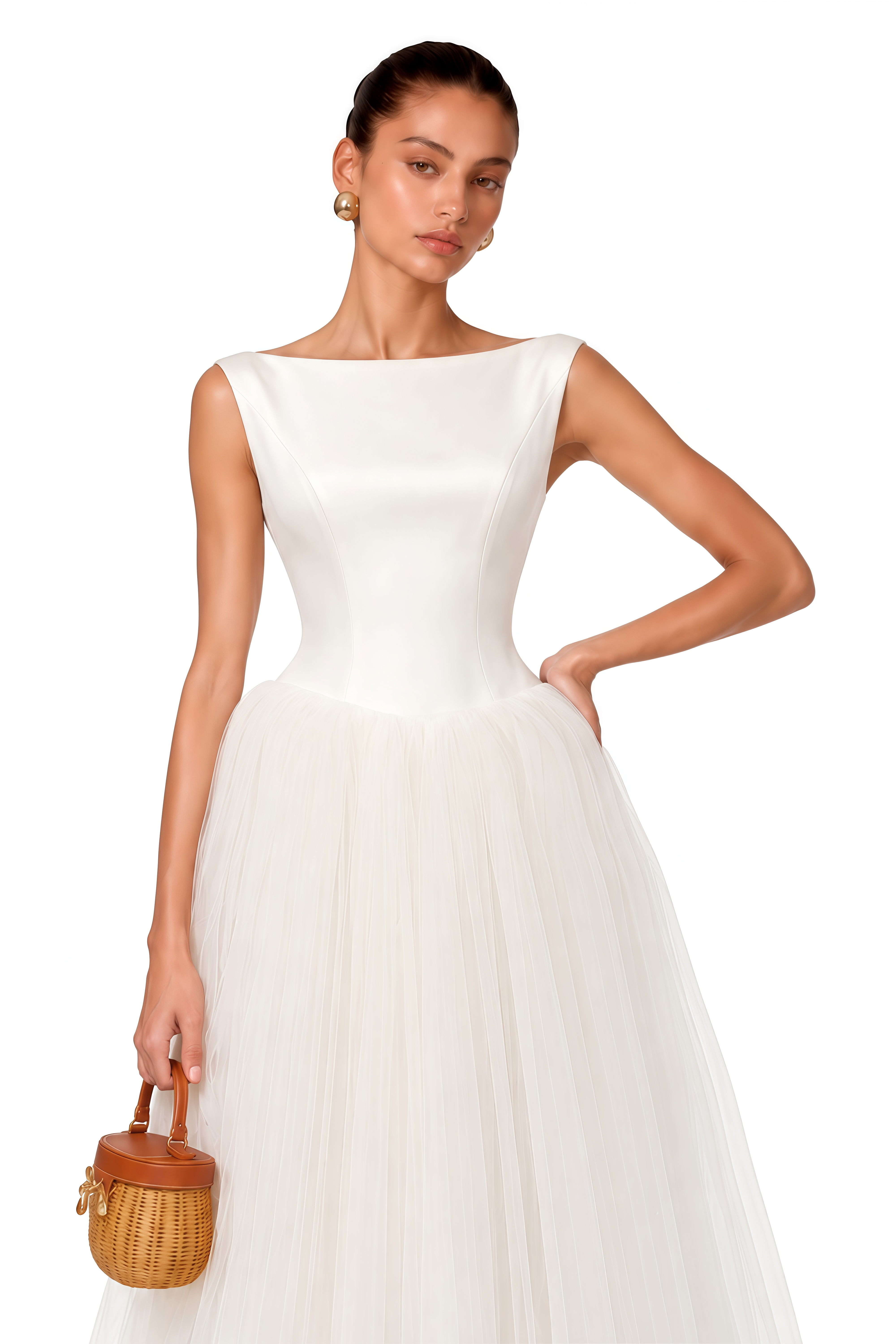 Salma White Pleated Flared Midi Dress