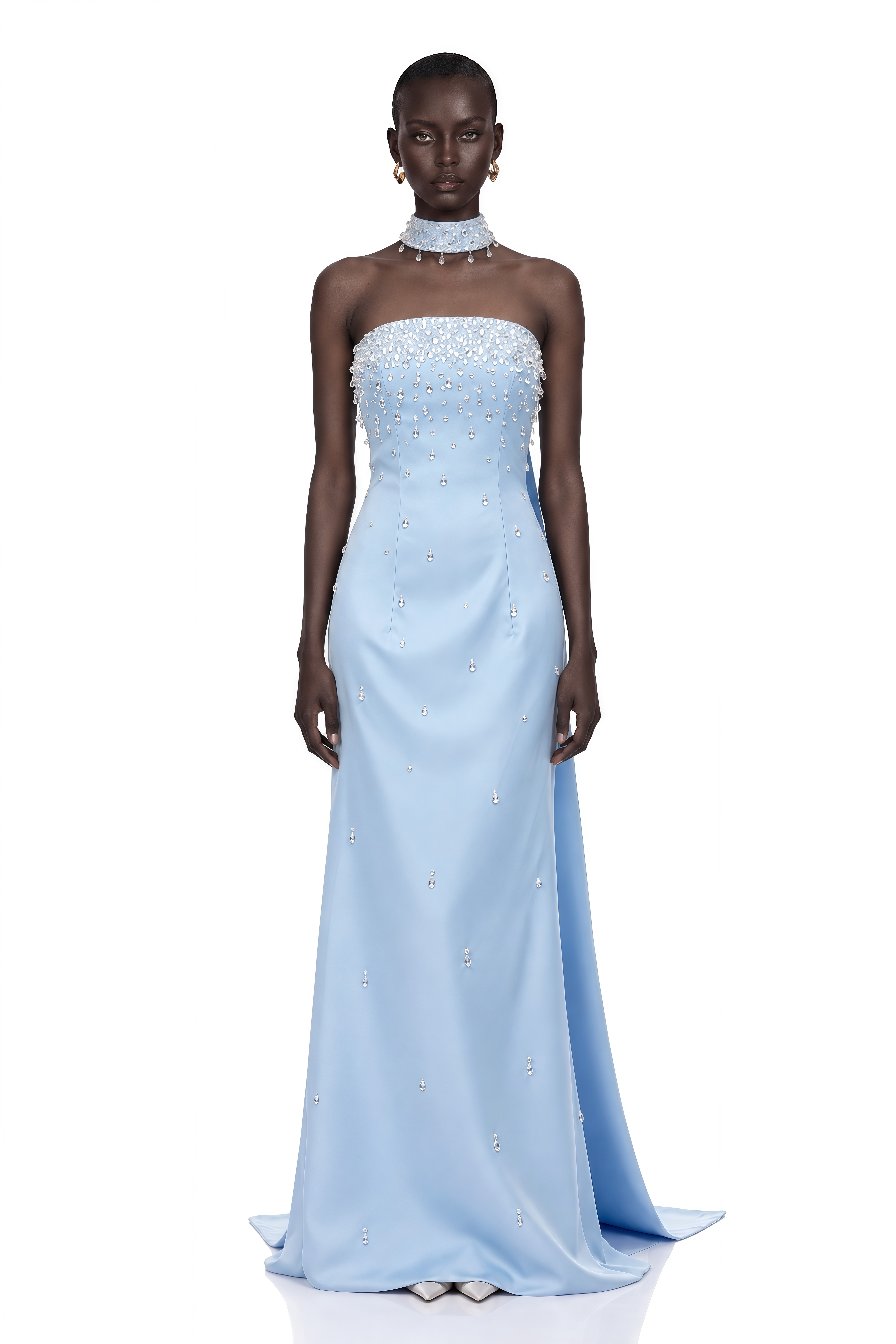Arianna Blue Scarf Detail Embellished Maxi Gown