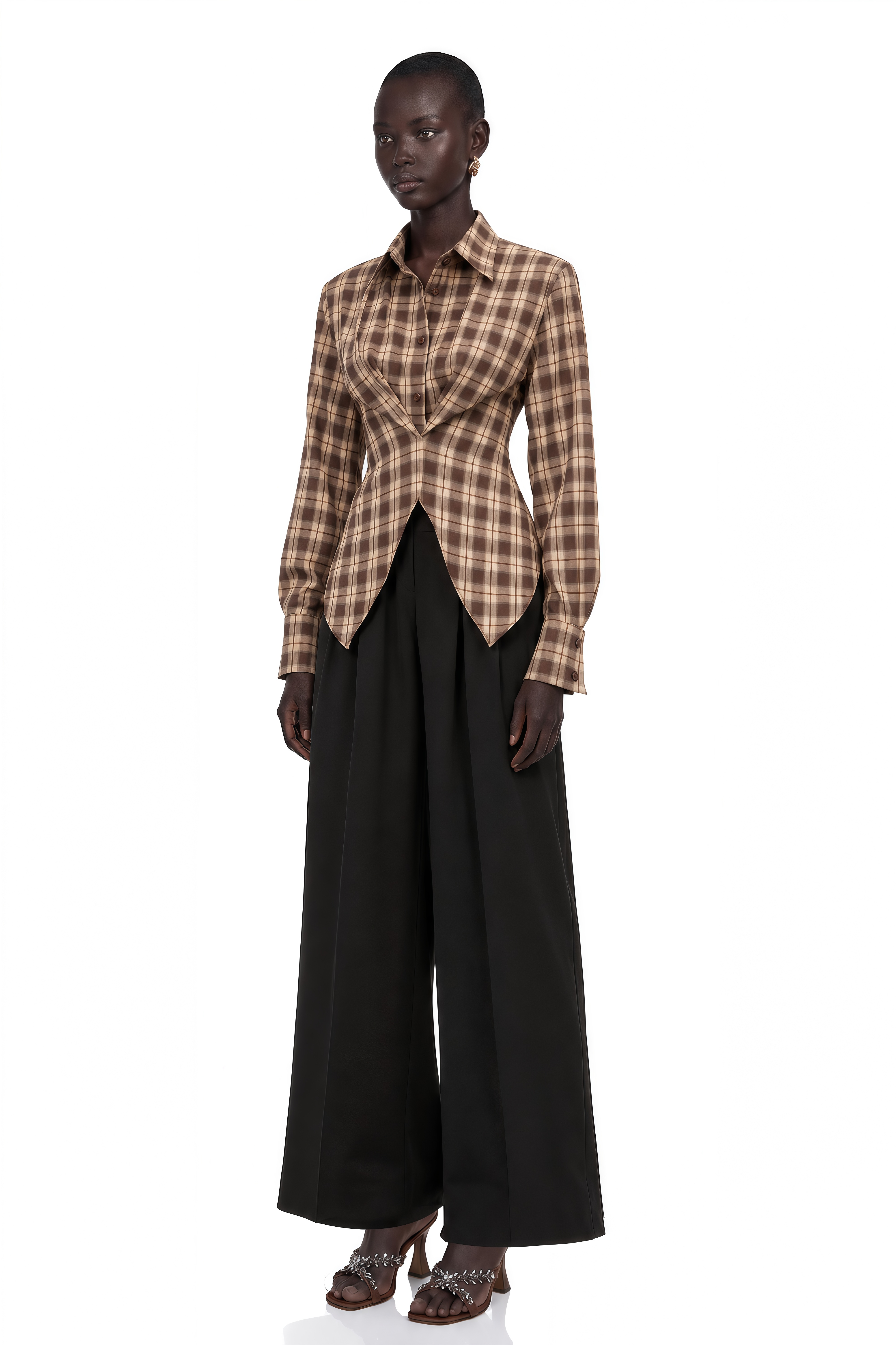 Amber Reddish-Brown Plaid Tailored Cutout Blouse