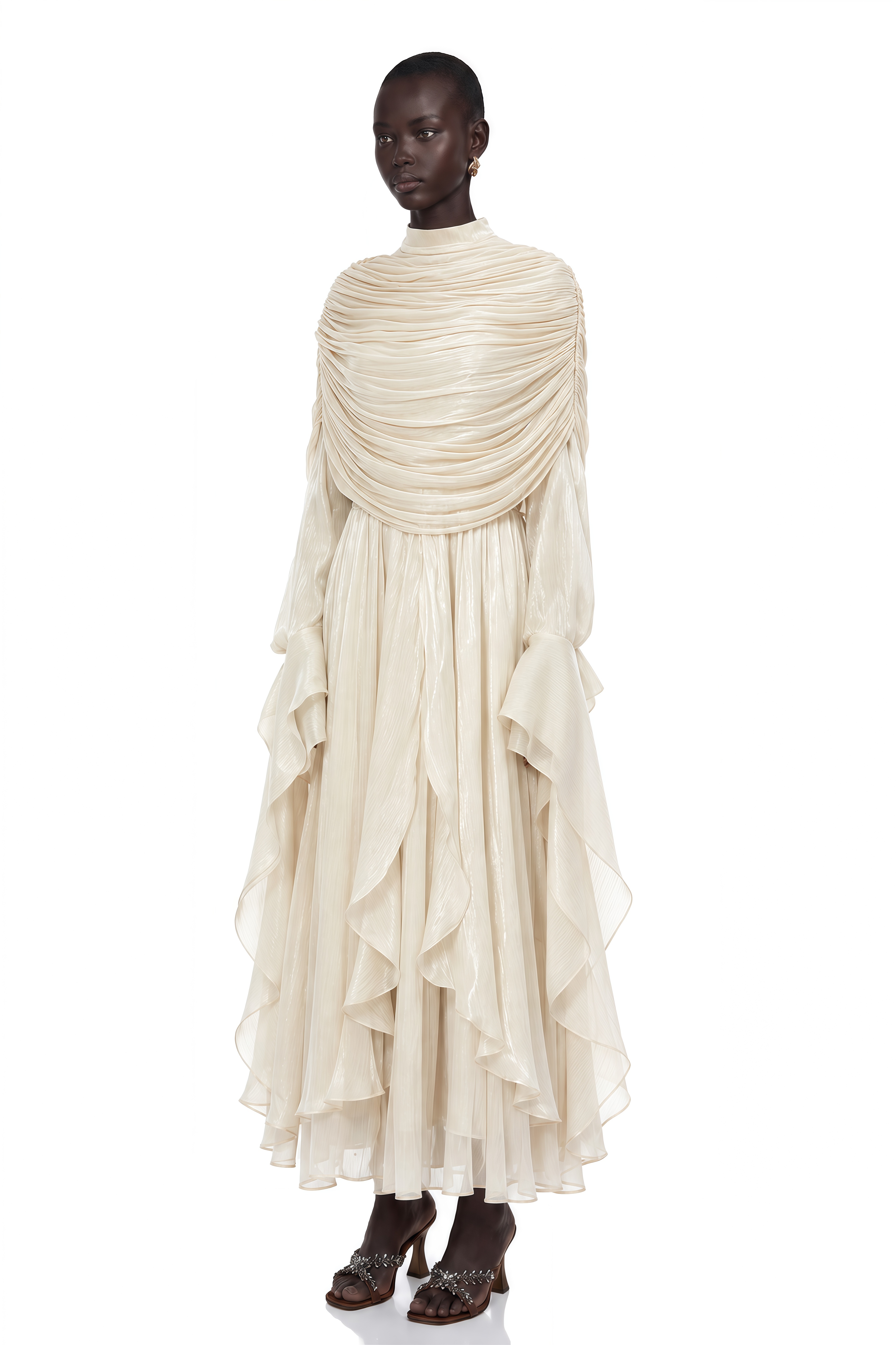 Gustave Neutral Ruched Cape Ruffled Maxi Dress