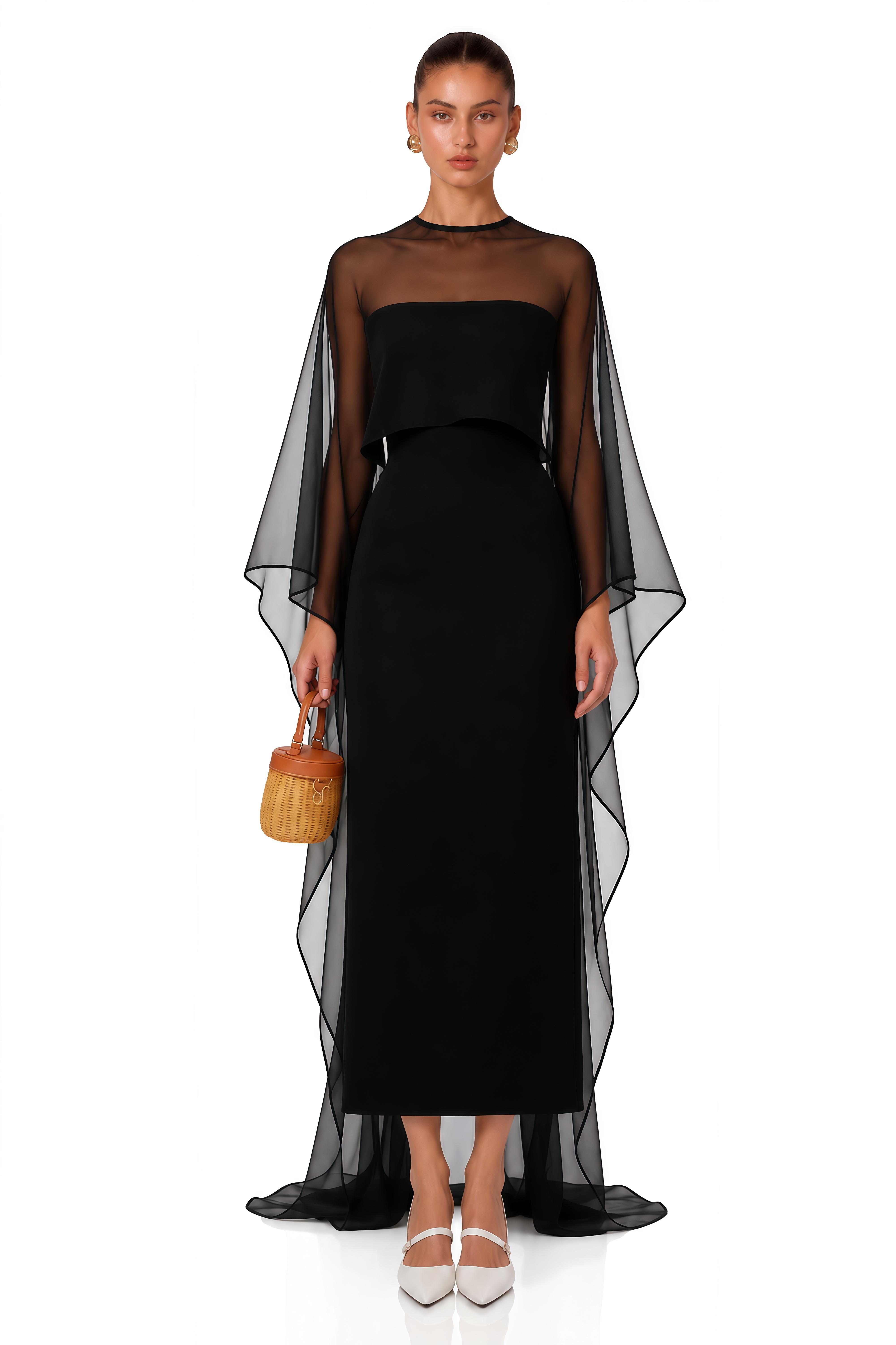 Xiomara Black Cape Design Satin Maxi Dress