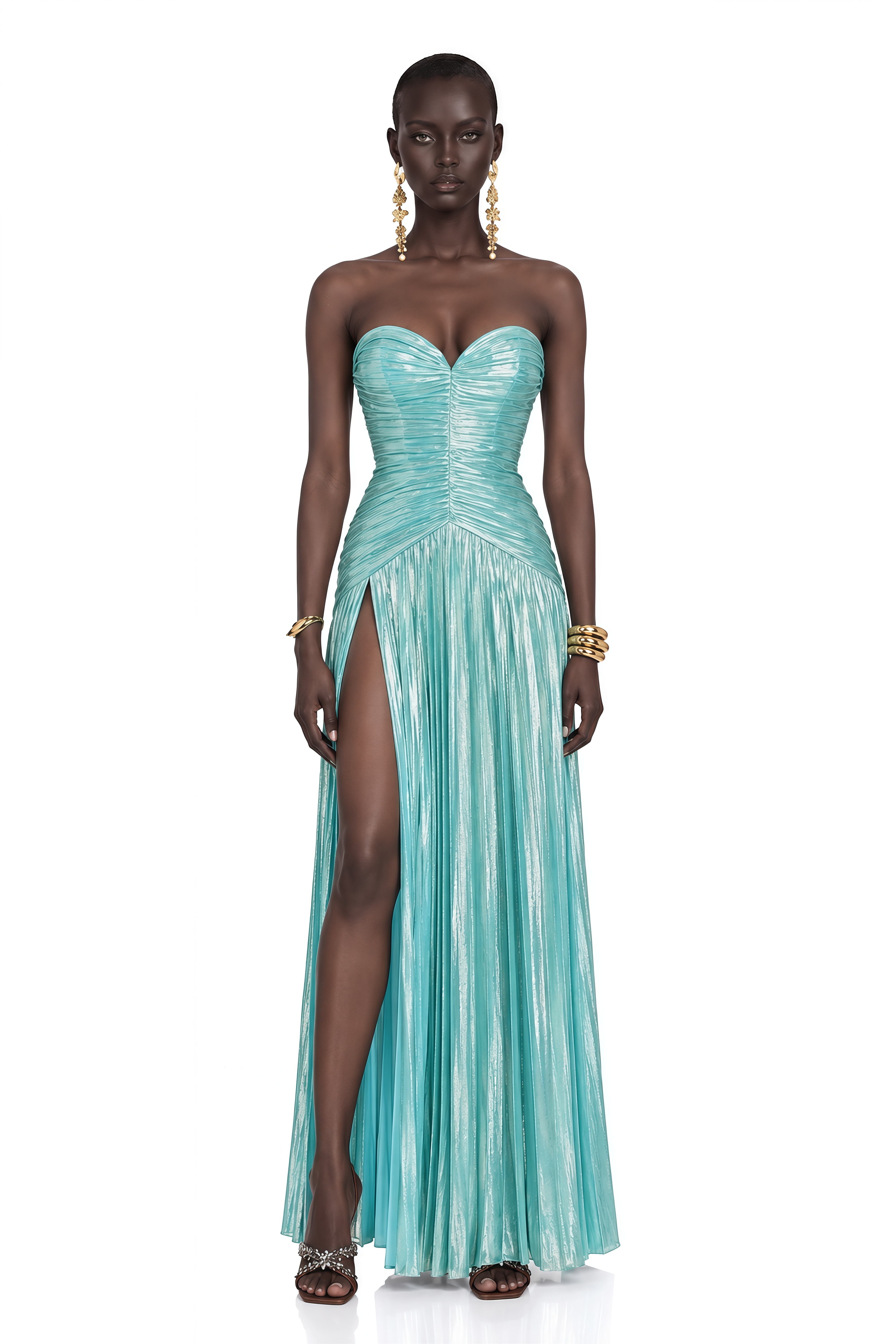 Azar Cobalt Blue Ruched Glossy Maxi Dress