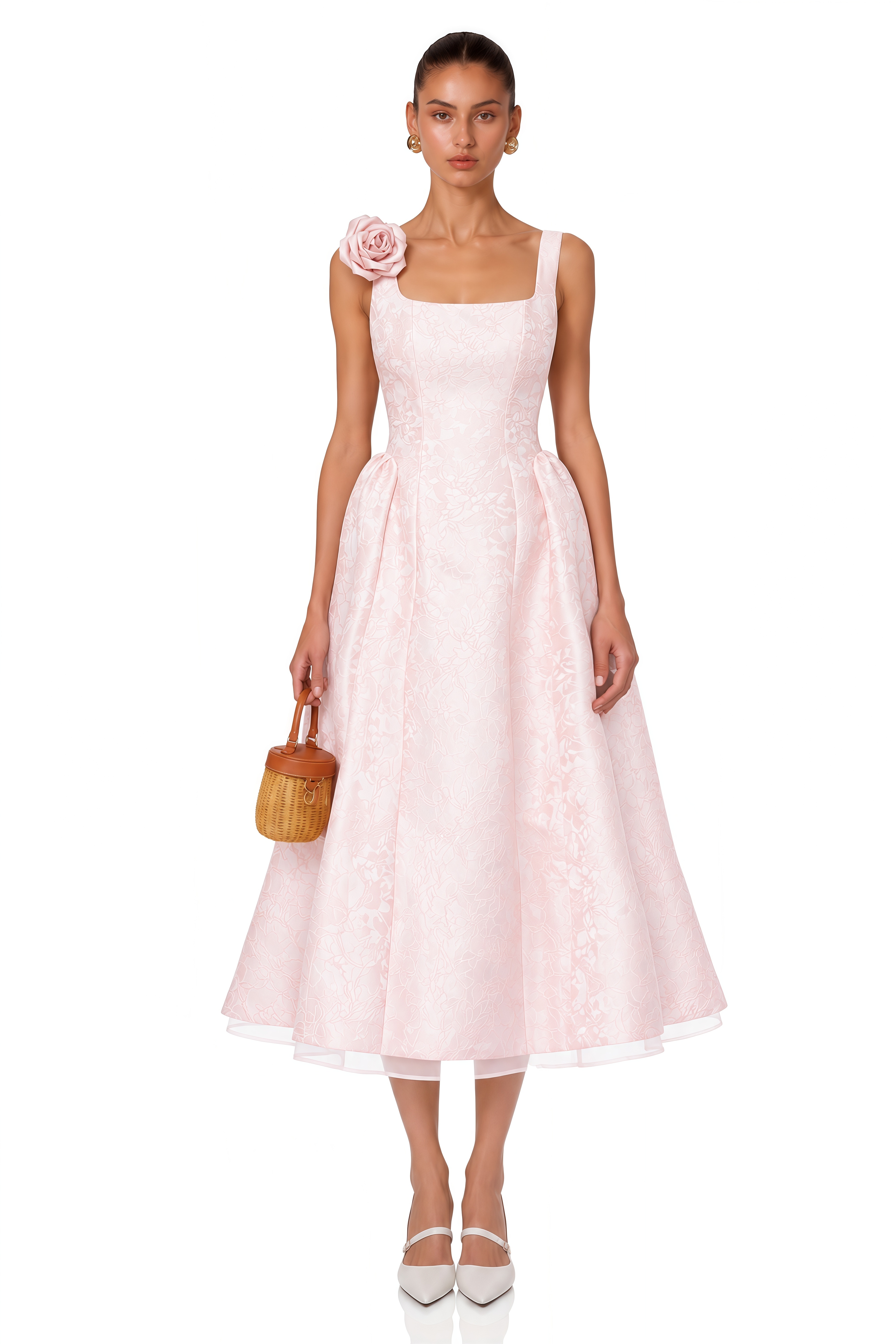 Edwina Pink Square Neck Floral Midi Dress