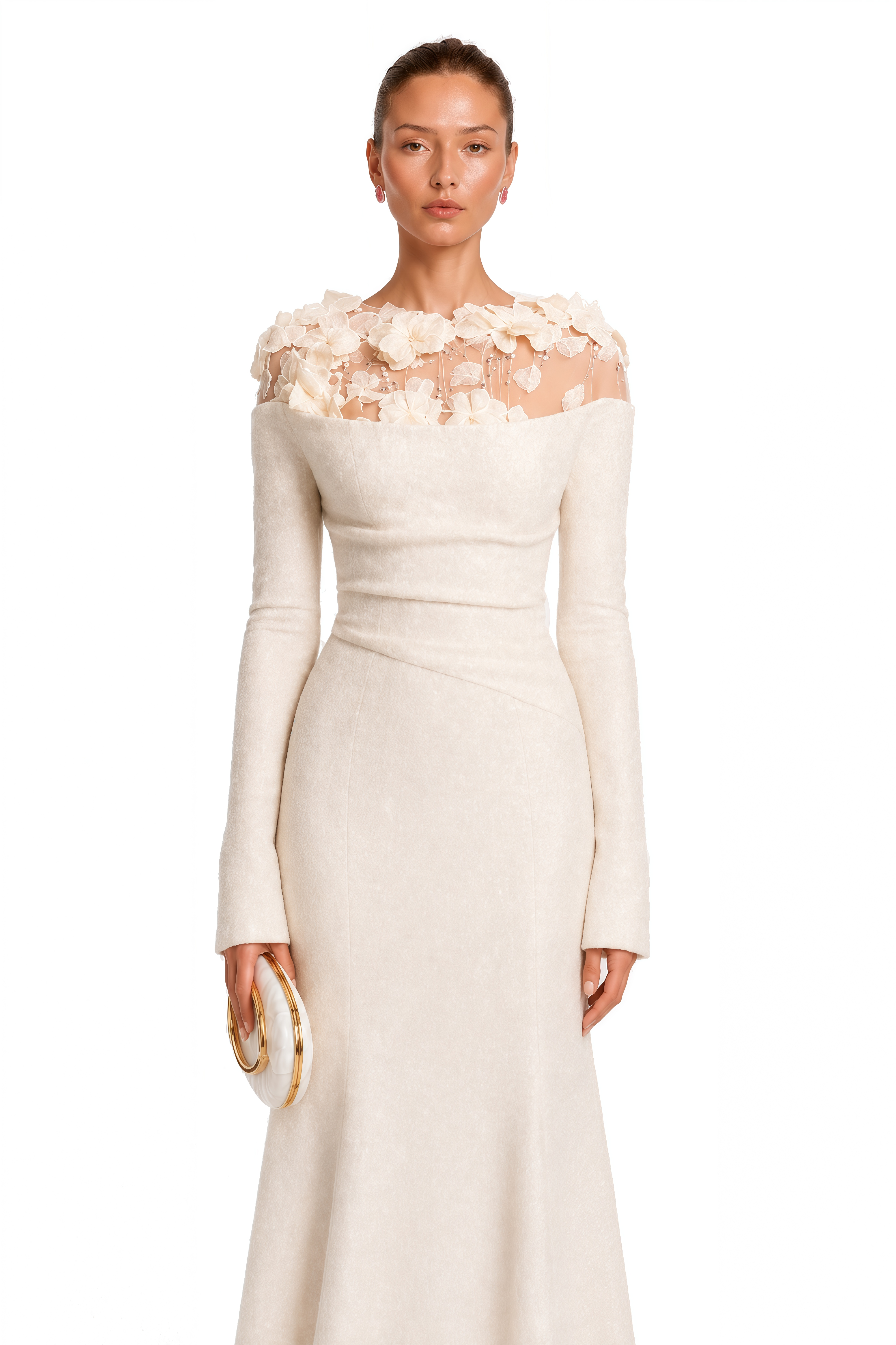 Silvia White Floral Appliqué Off-Shoulder Gown
