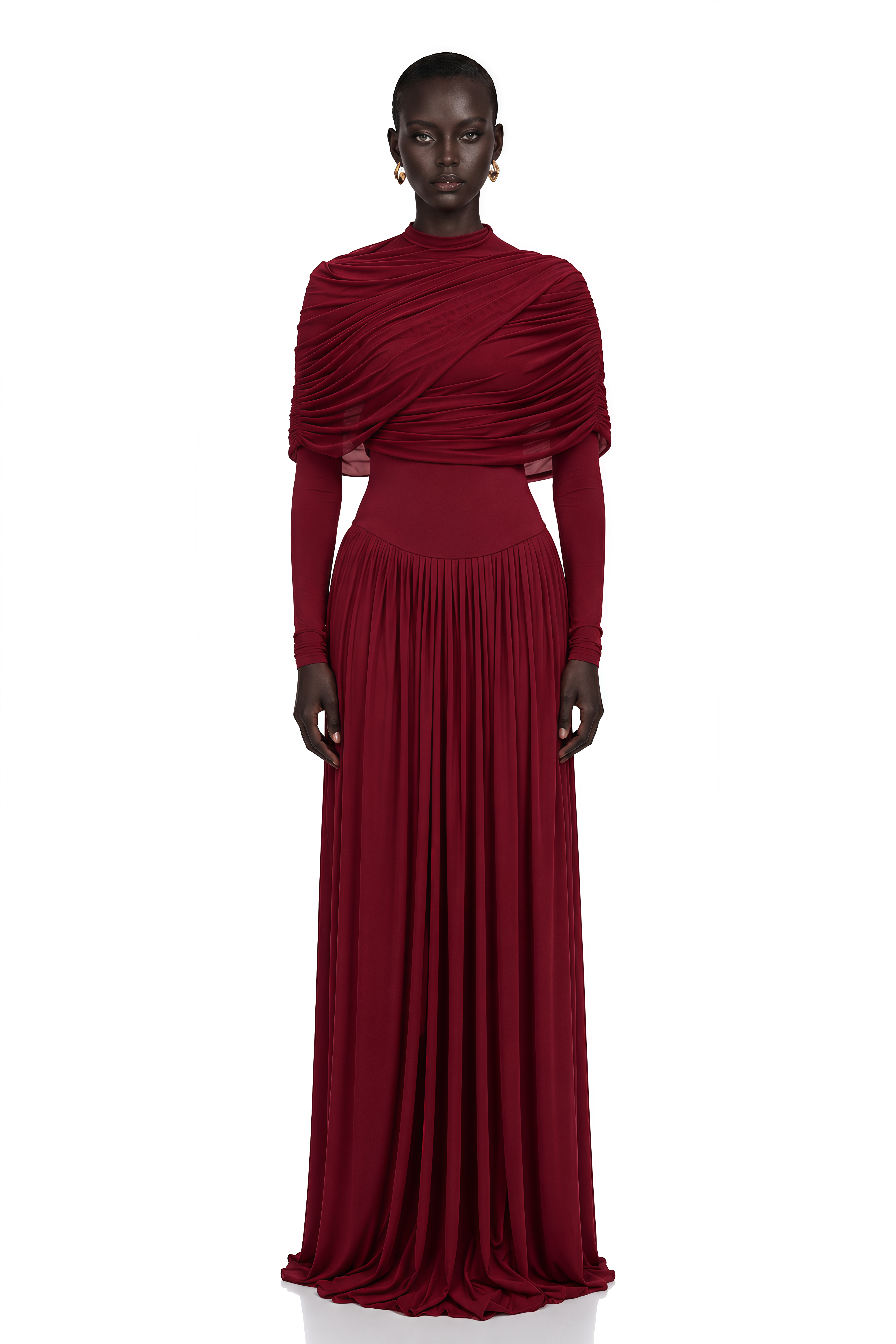 Catherine Red Asymmetrical Pleated Long-Sleeve Maxi Dress