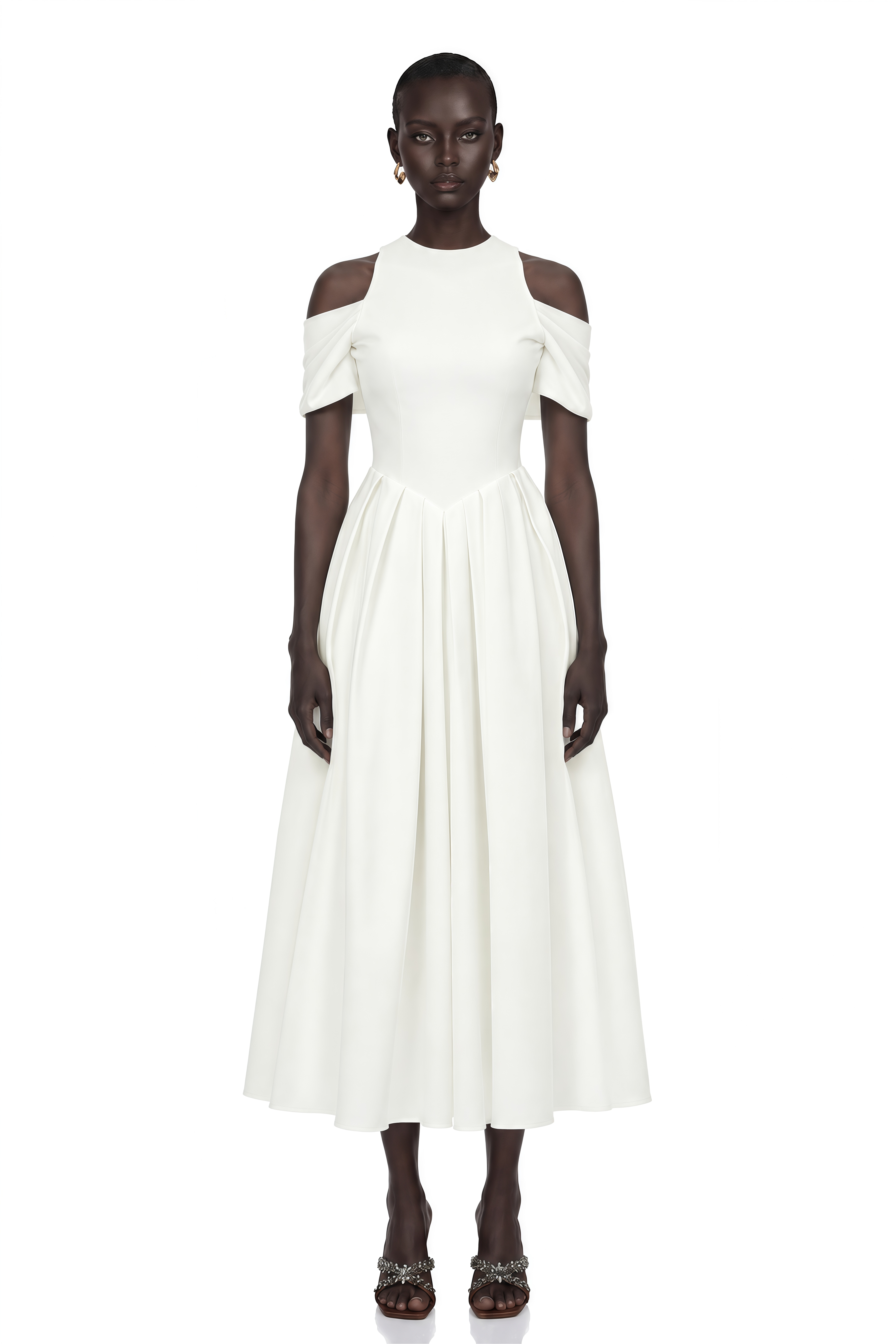 Ophelia White Pleated Midi Dress with Self-tie