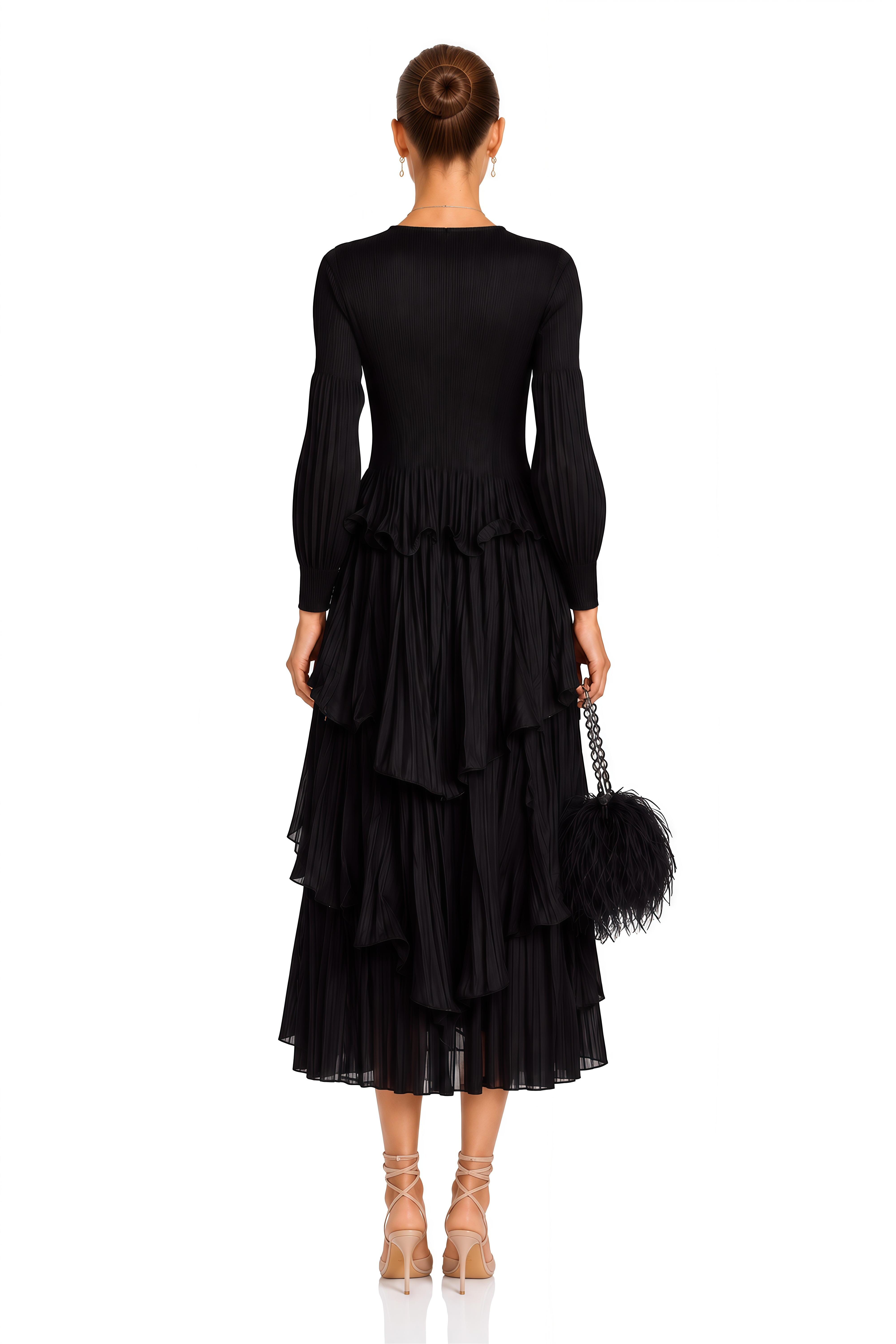 Brianna Black Tiered Pleated Midi Dress