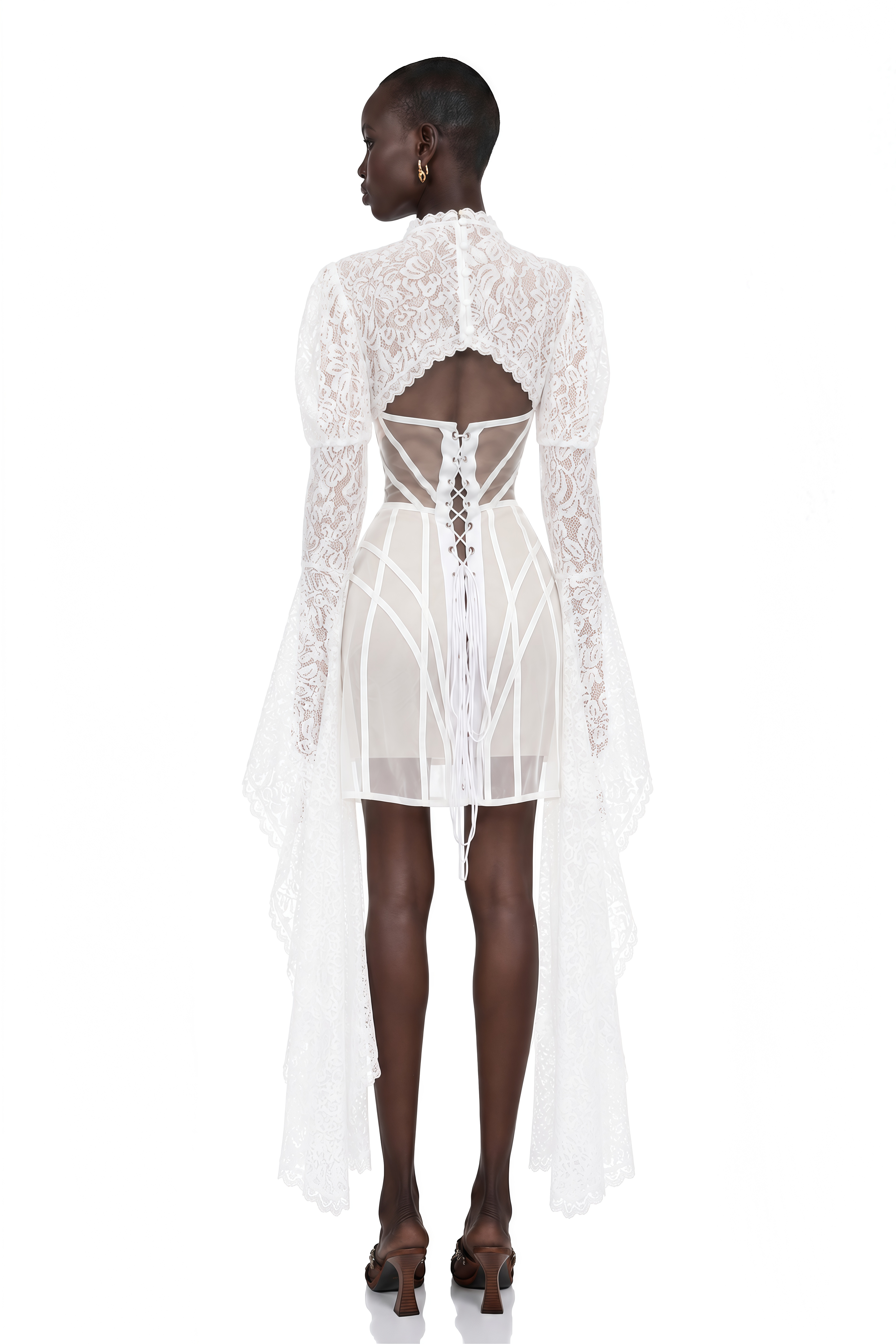 Ilaria White Lace Shrug & Linear Organza Dress Set