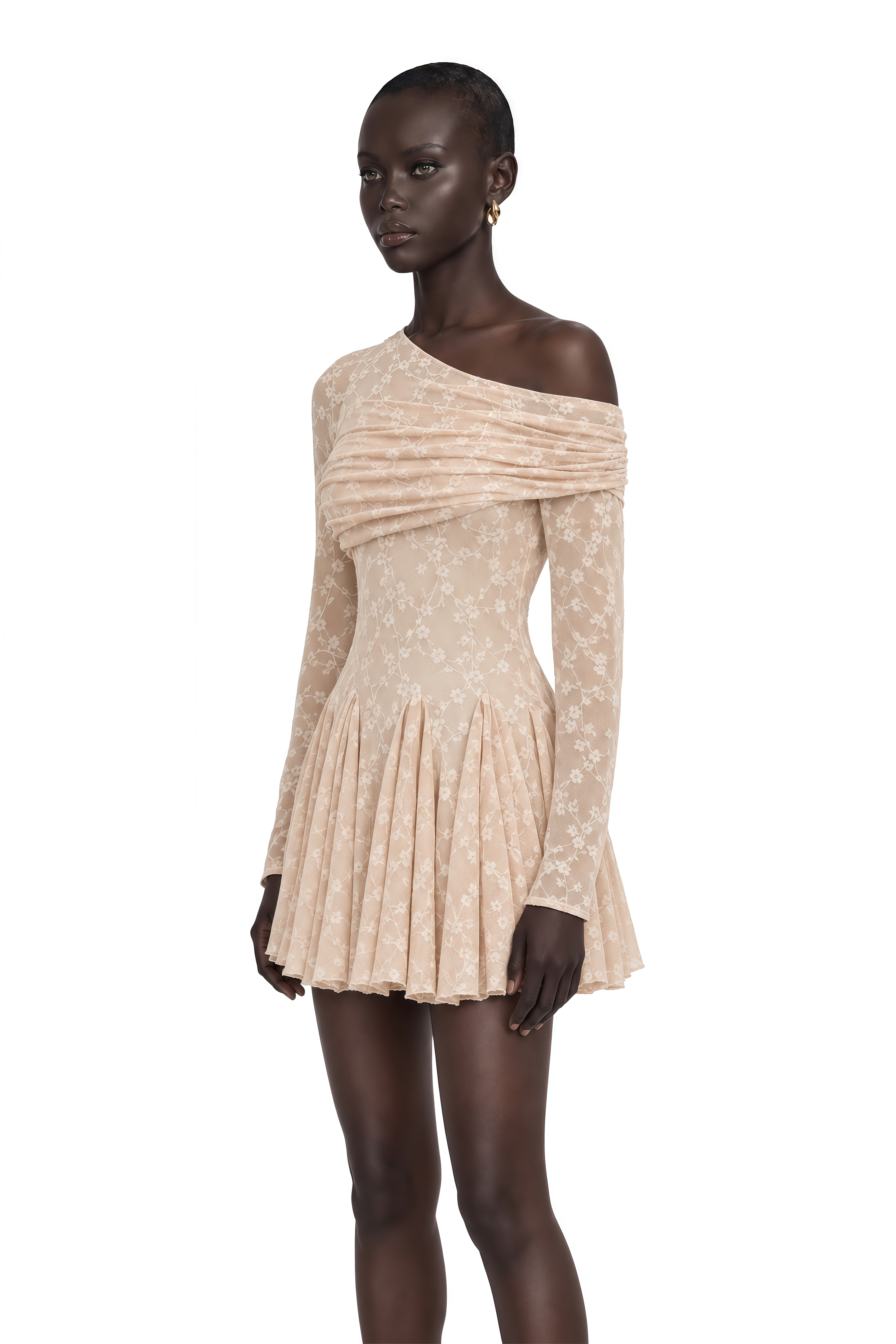 Rosalie Neutral One Shoulder Pleated Mini Dress