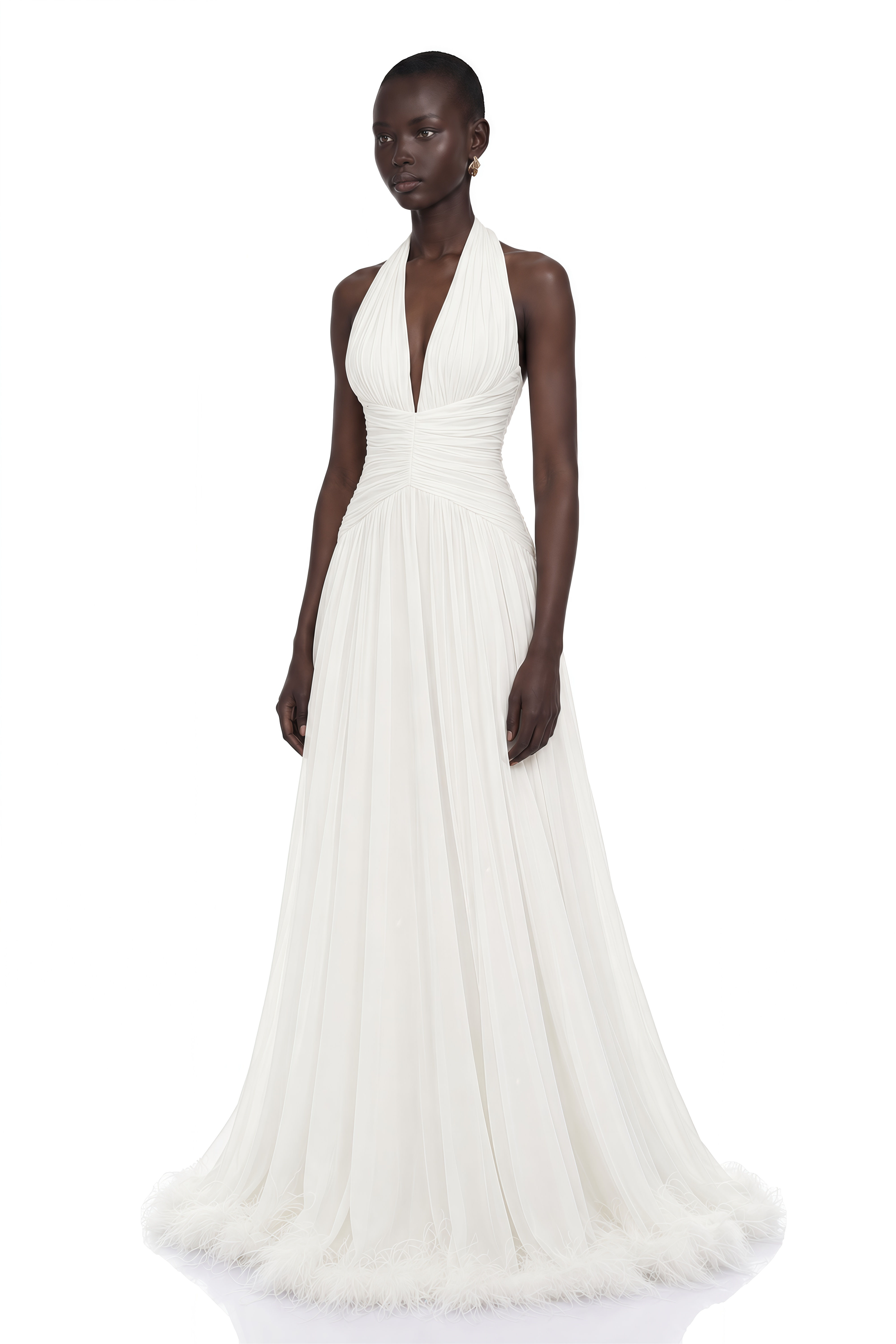 Ramona White Feather Hem Gathered Maxi Dress