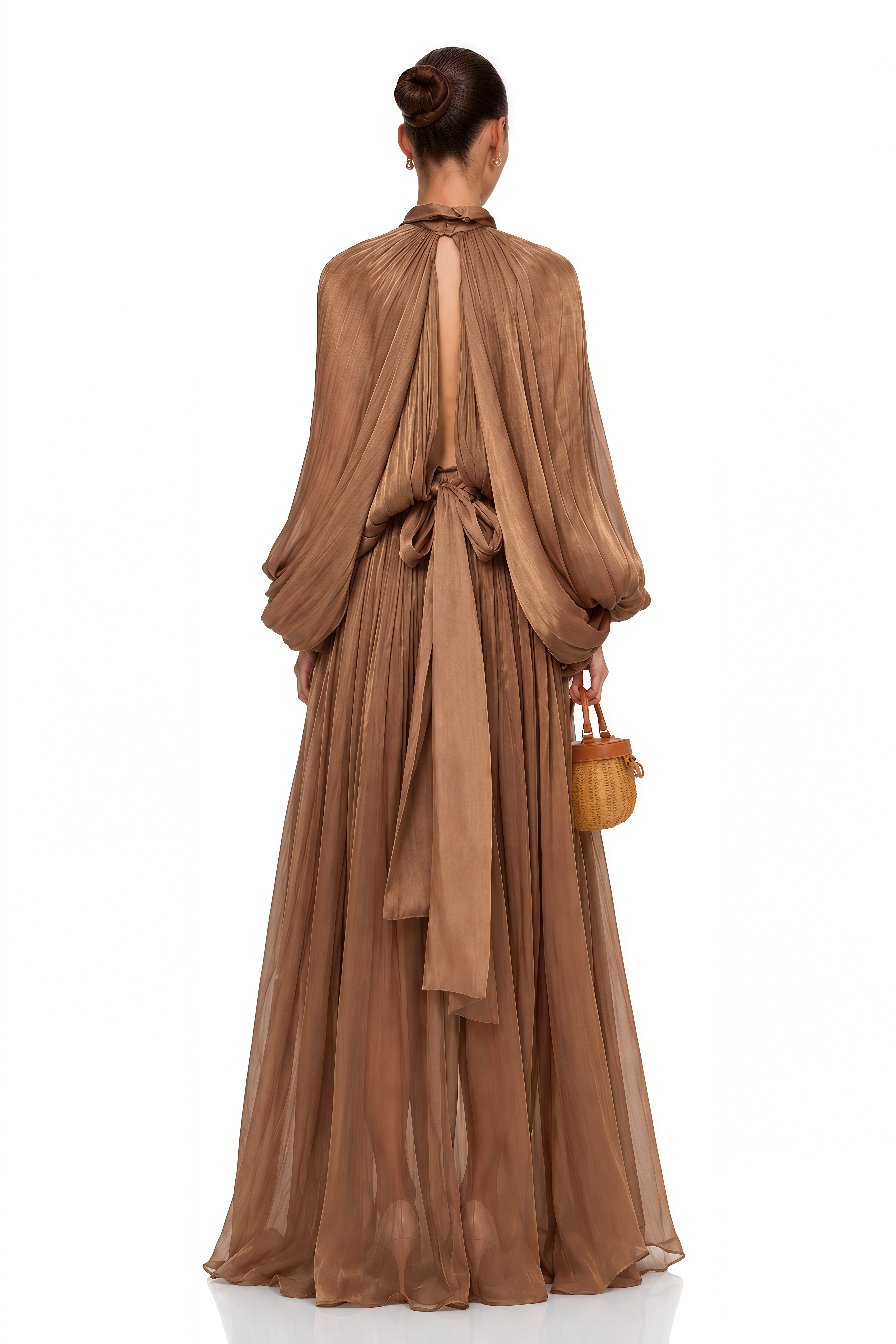 Mila Brown Pleated Satin Maxi Dress