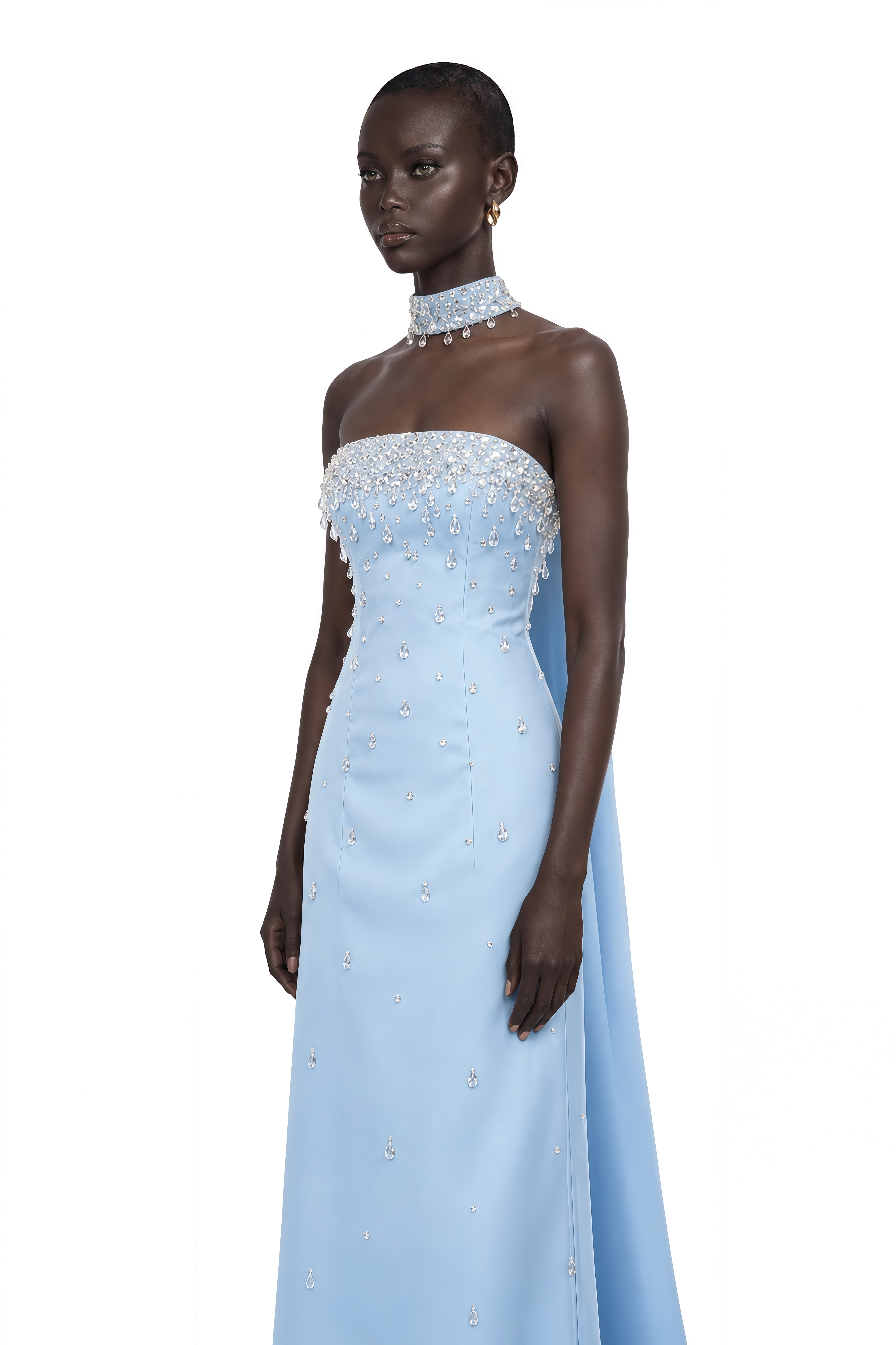 Arianna Blue Scarf Detail Embellished Maxi Gown