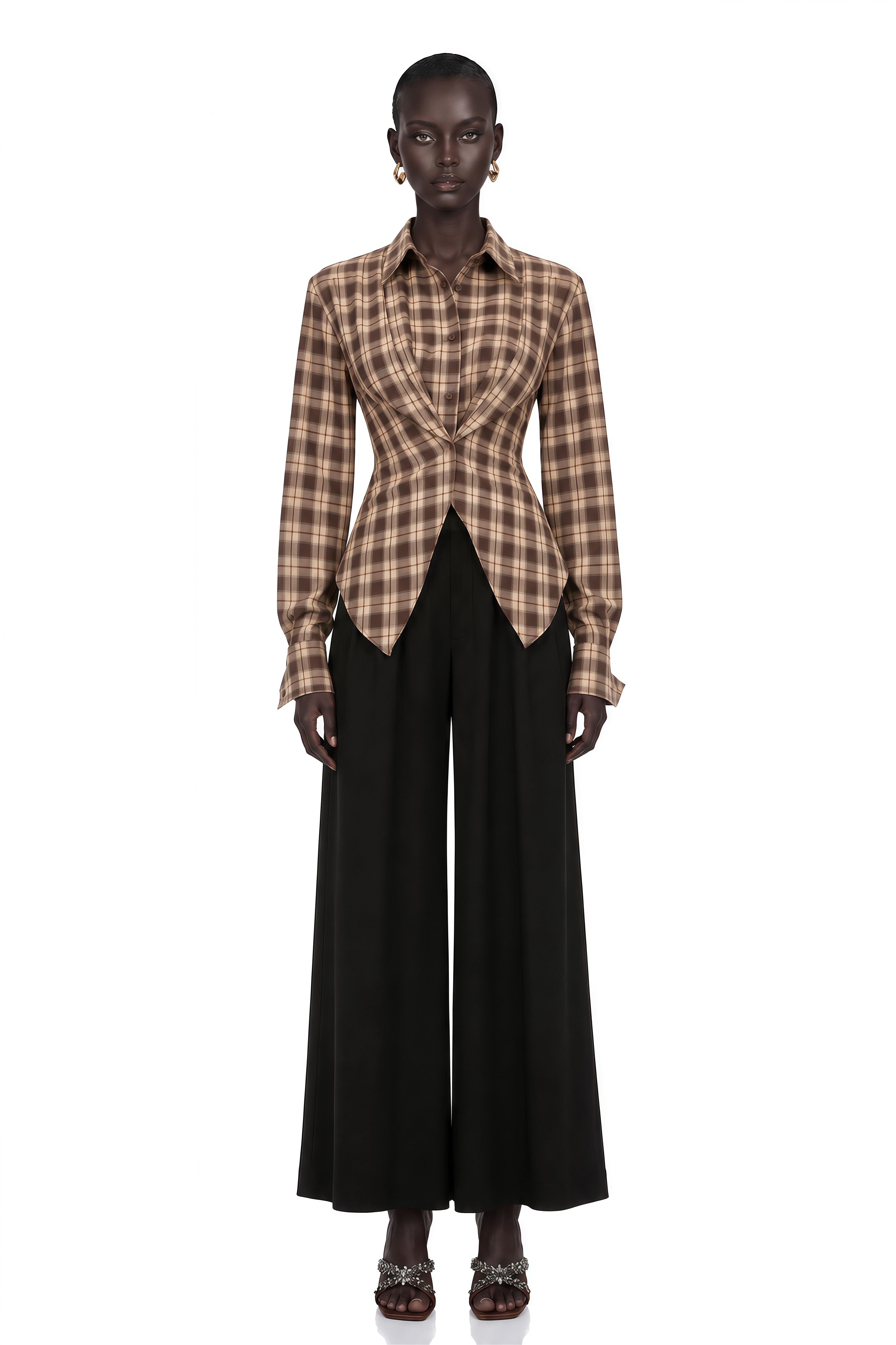 Amber Reddish-Brown Plaid Tailored Cutout Blouse