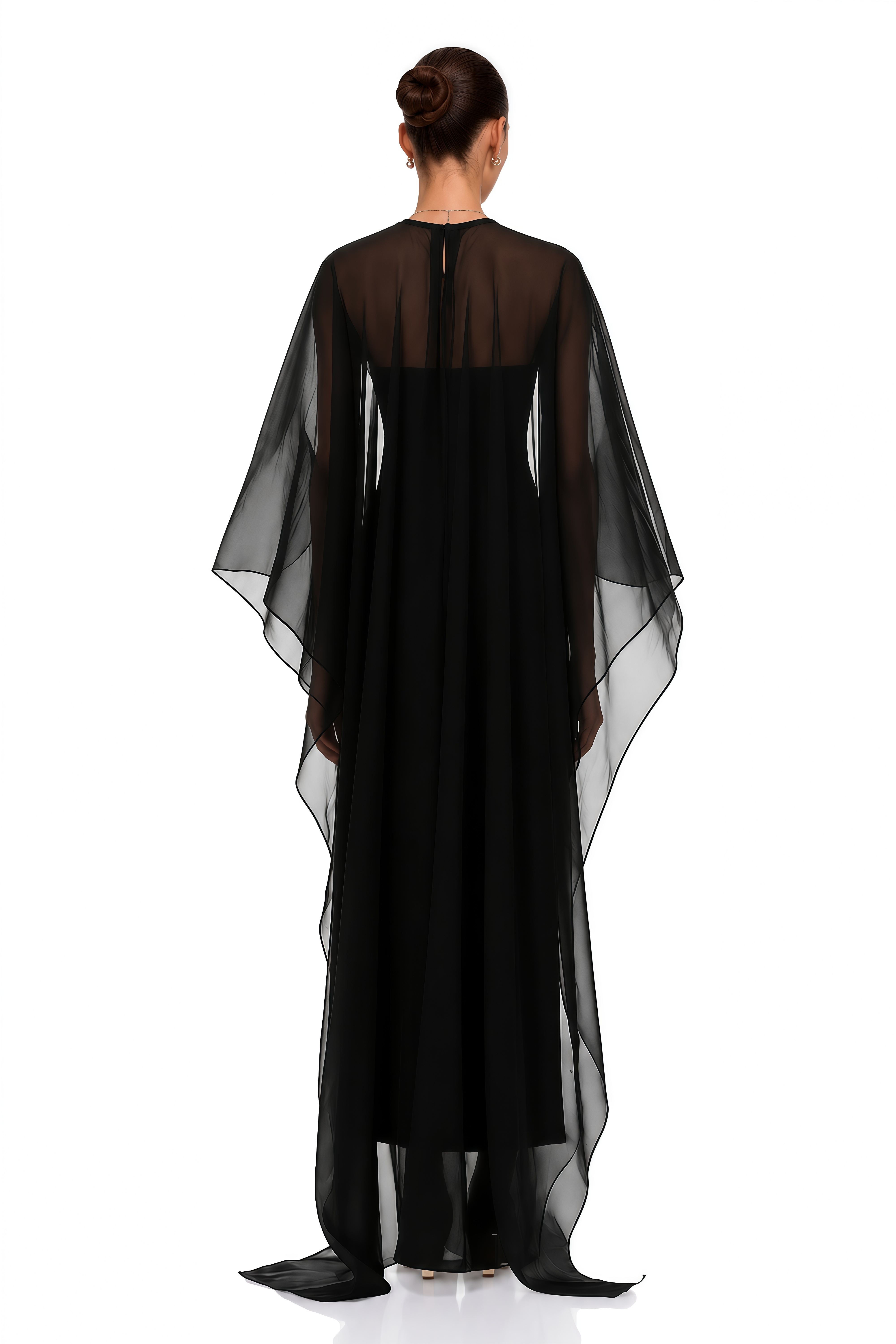 Xiomara Black Cape Design Satin Maxi Dress