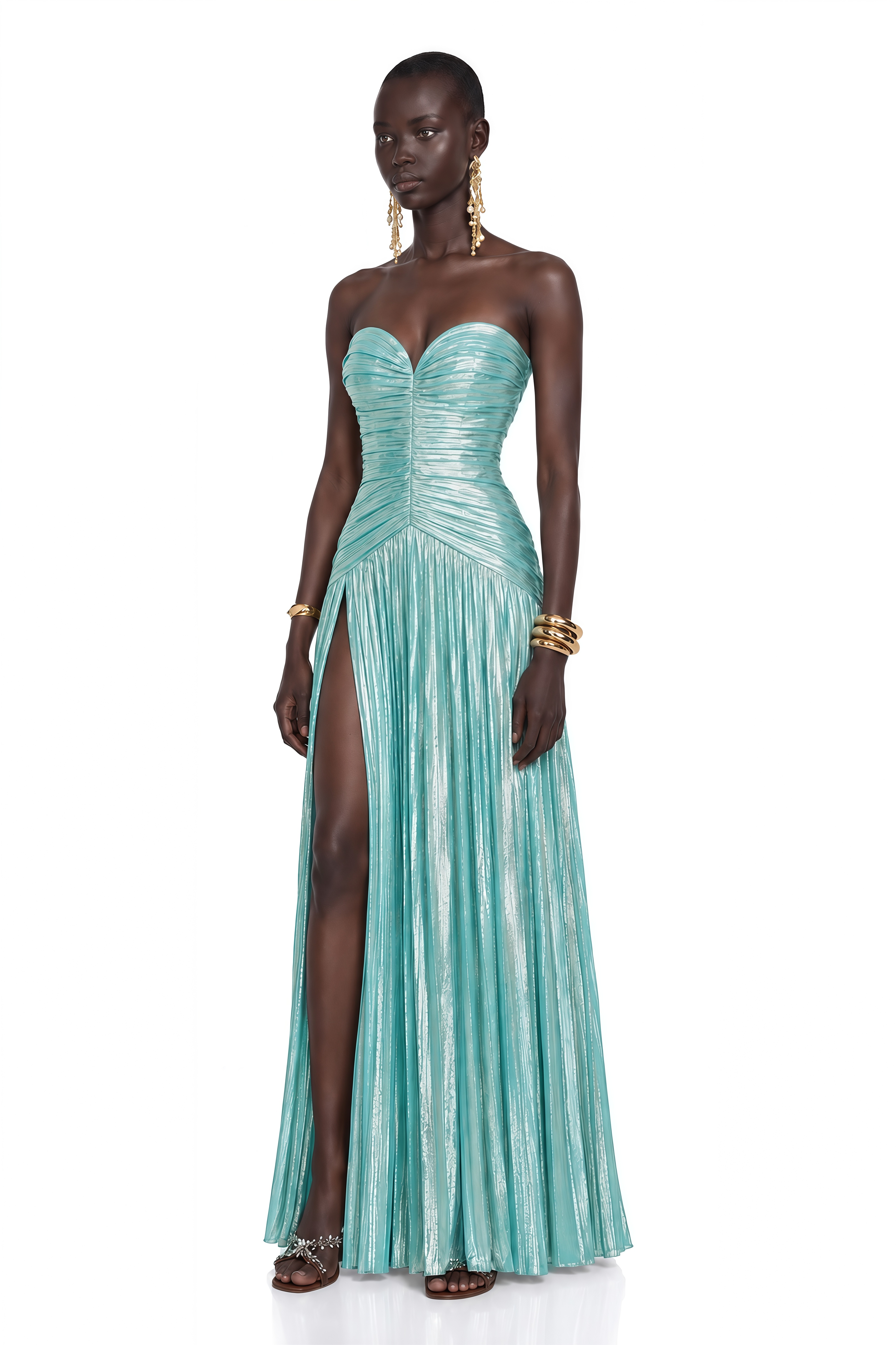 Azar Cobalt Blue Ruched Glossy Maxi Dress