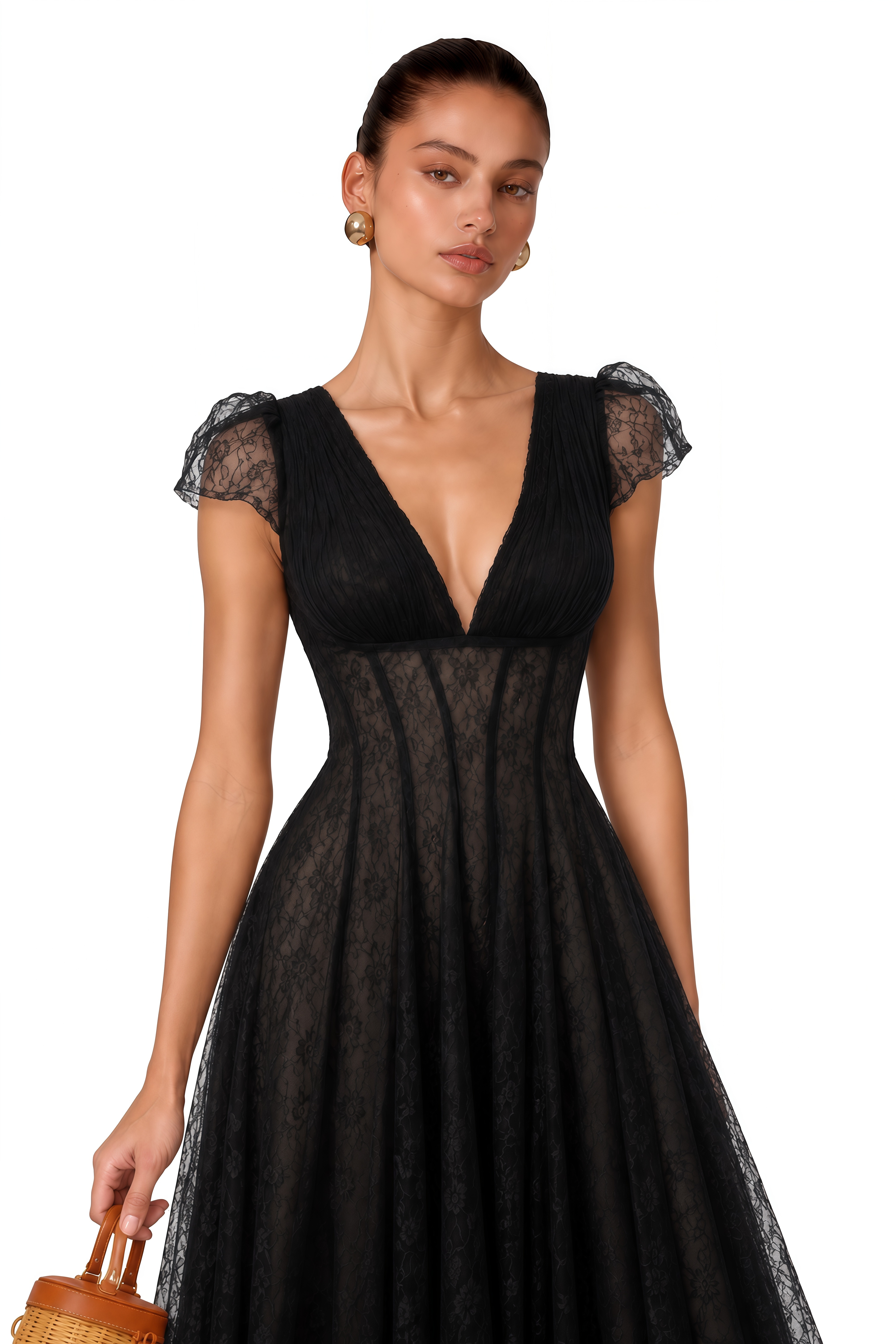 Radiya Black Floral Lace Pleated Maxi Dress