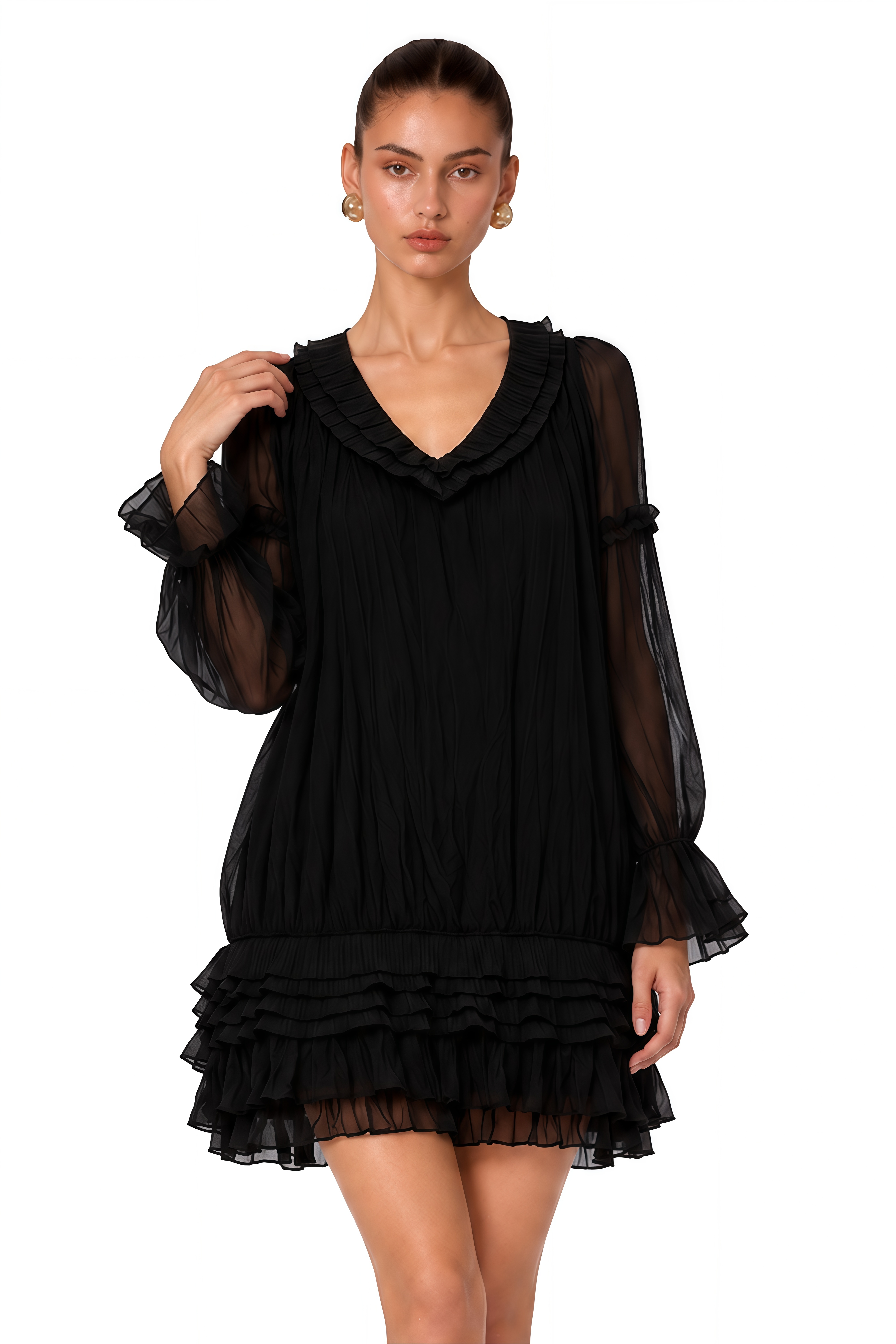 Belladonna Black V-Neck Tiered Mini Dress with Puff Sleeves