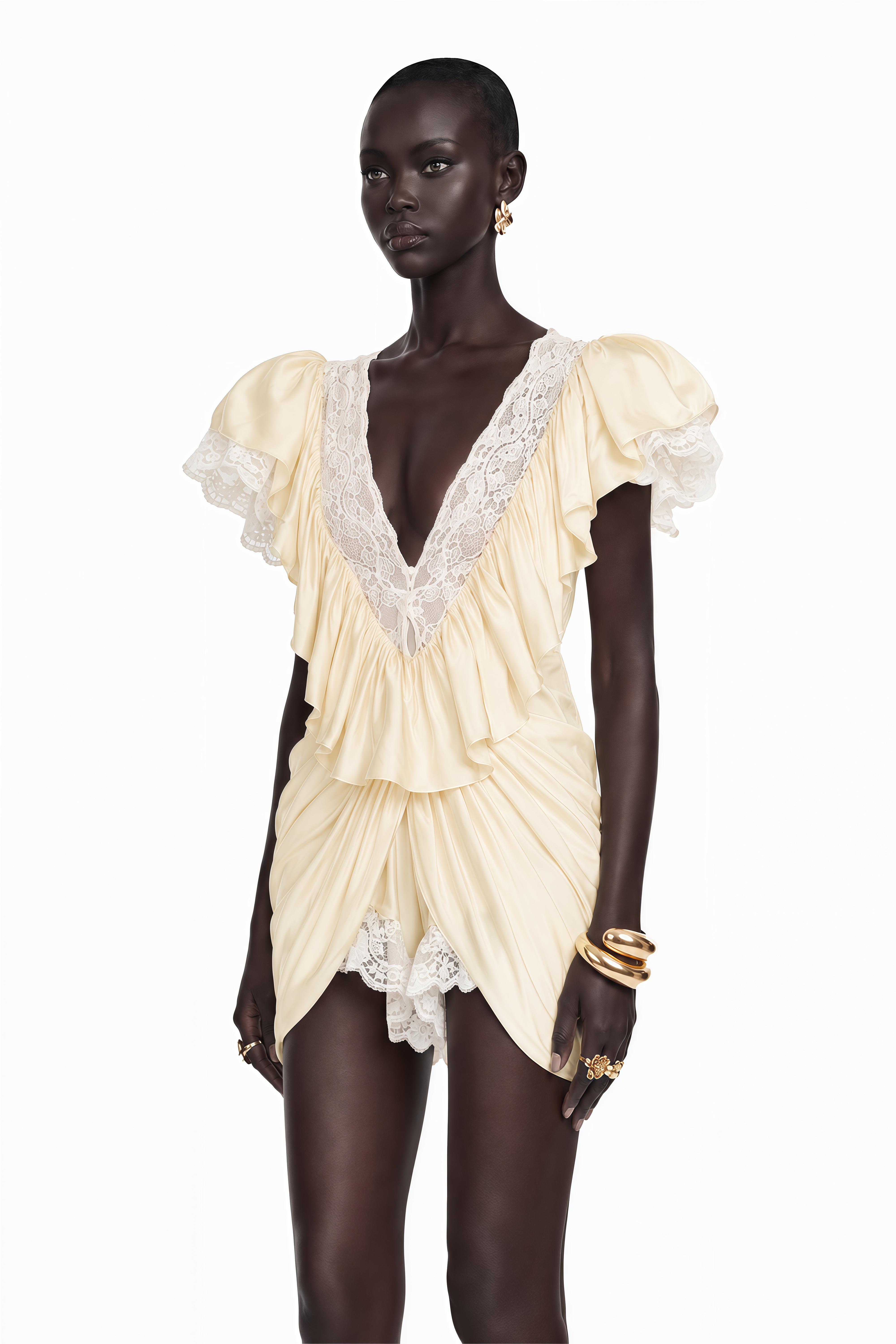 Nani Cream Plunge Neck Satin Jumpsuit with Lace Panels
