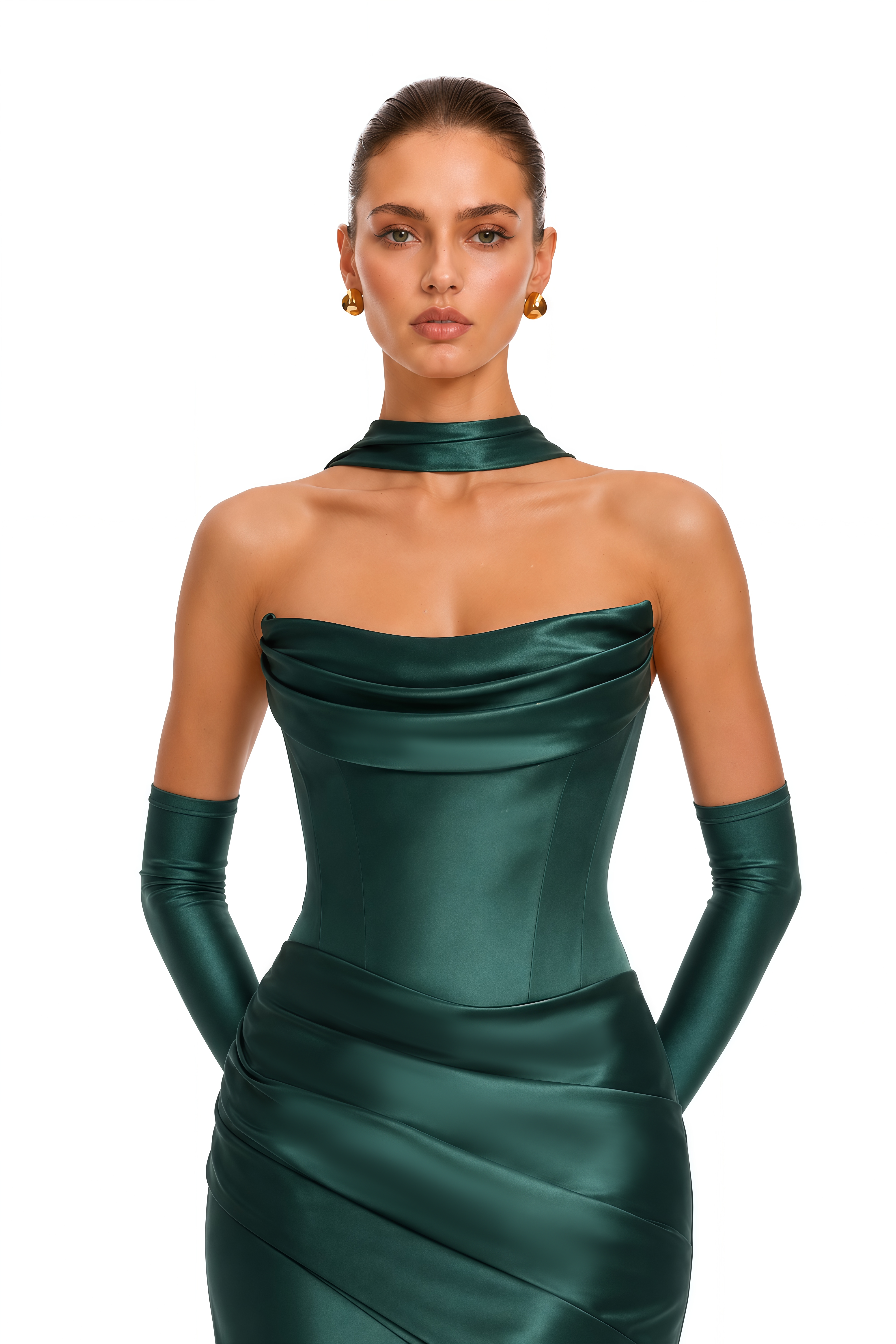 Marilou Green Ruched Satin Maxi Dress  (Without Gloves)