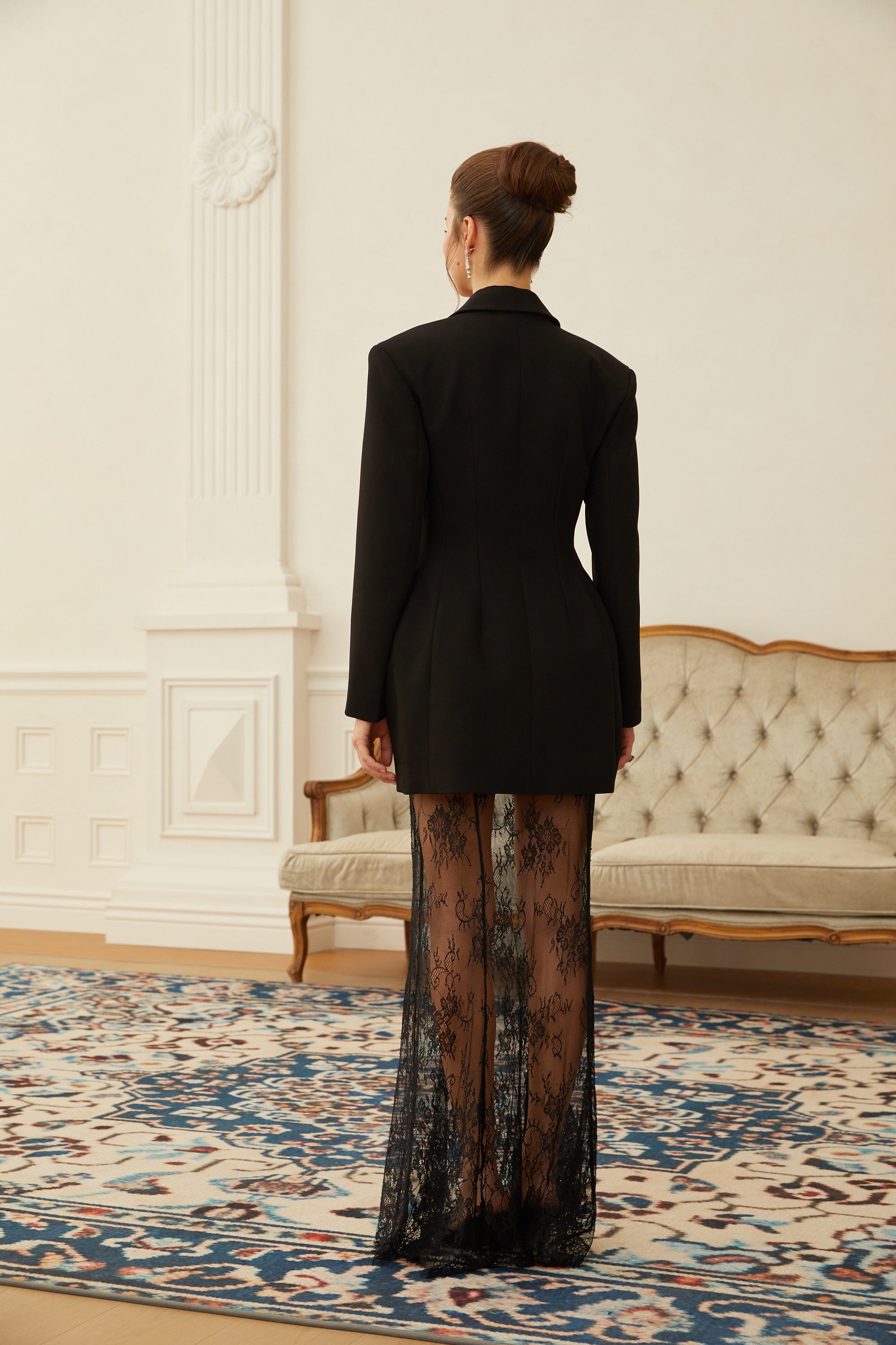 Black Blazer & Lace Skirt Set