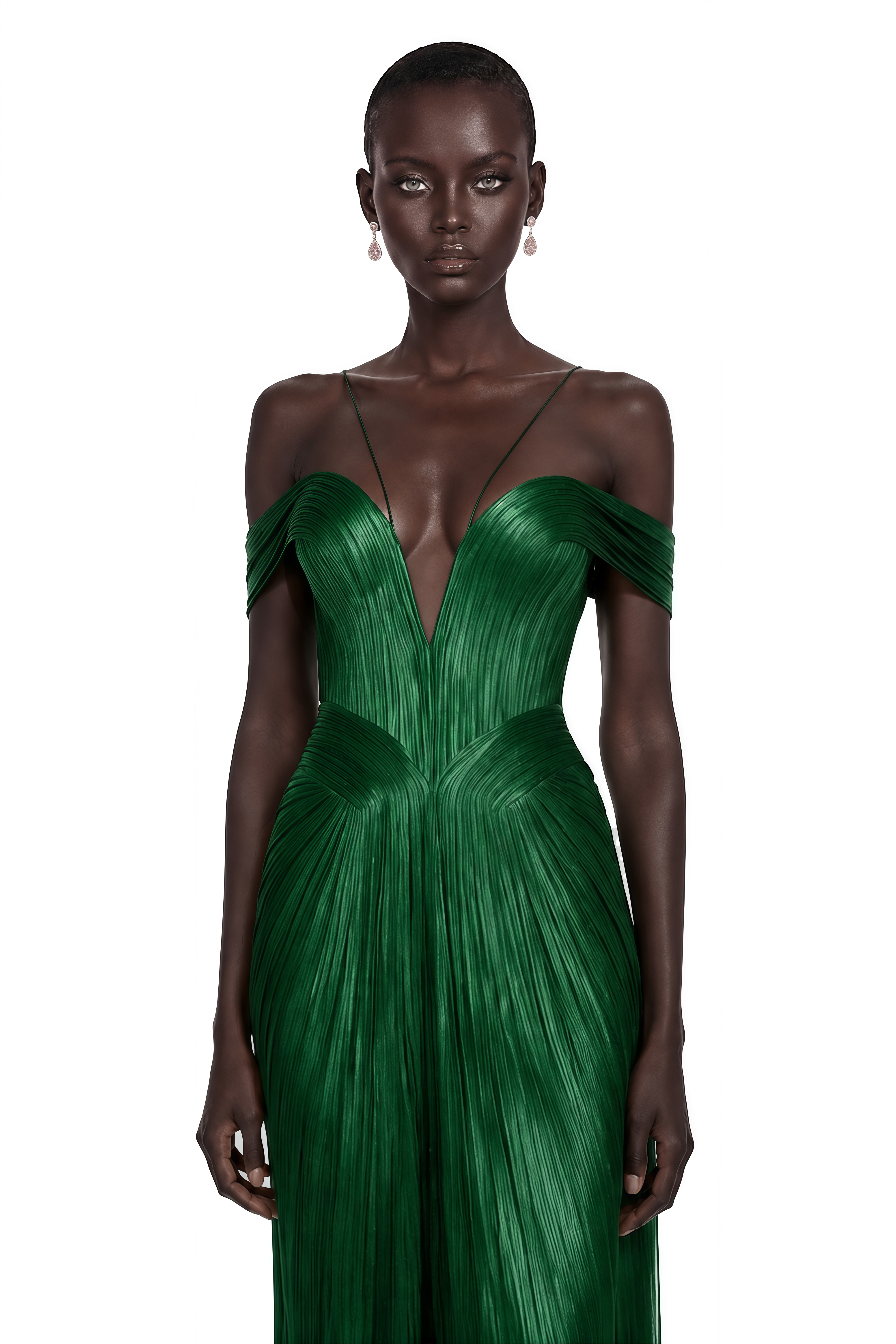 Marise Green Draped Pleated Maxi Dress