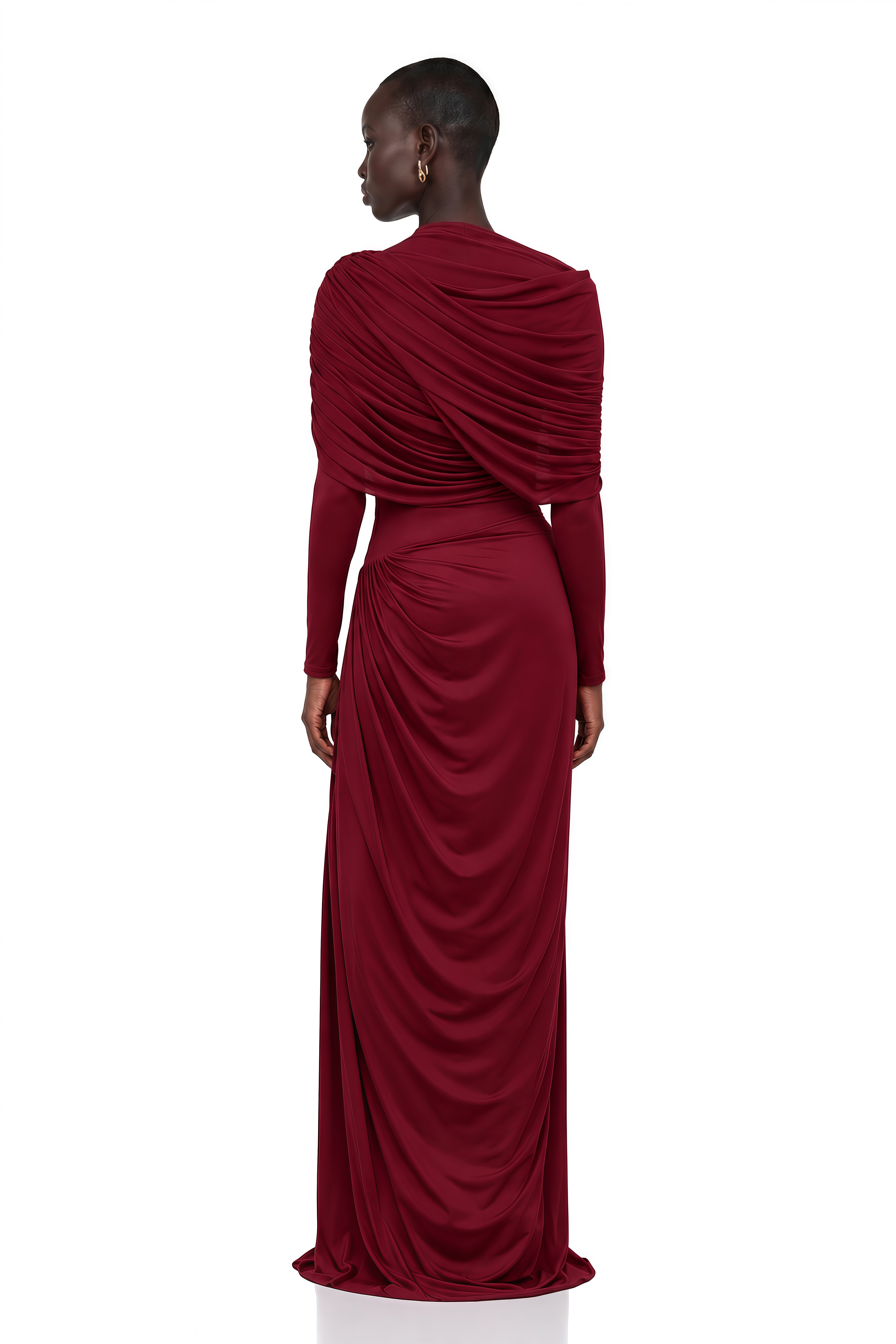 Catherine Red Asymmetrical Pleated Long-Sleeve Maxi Dress