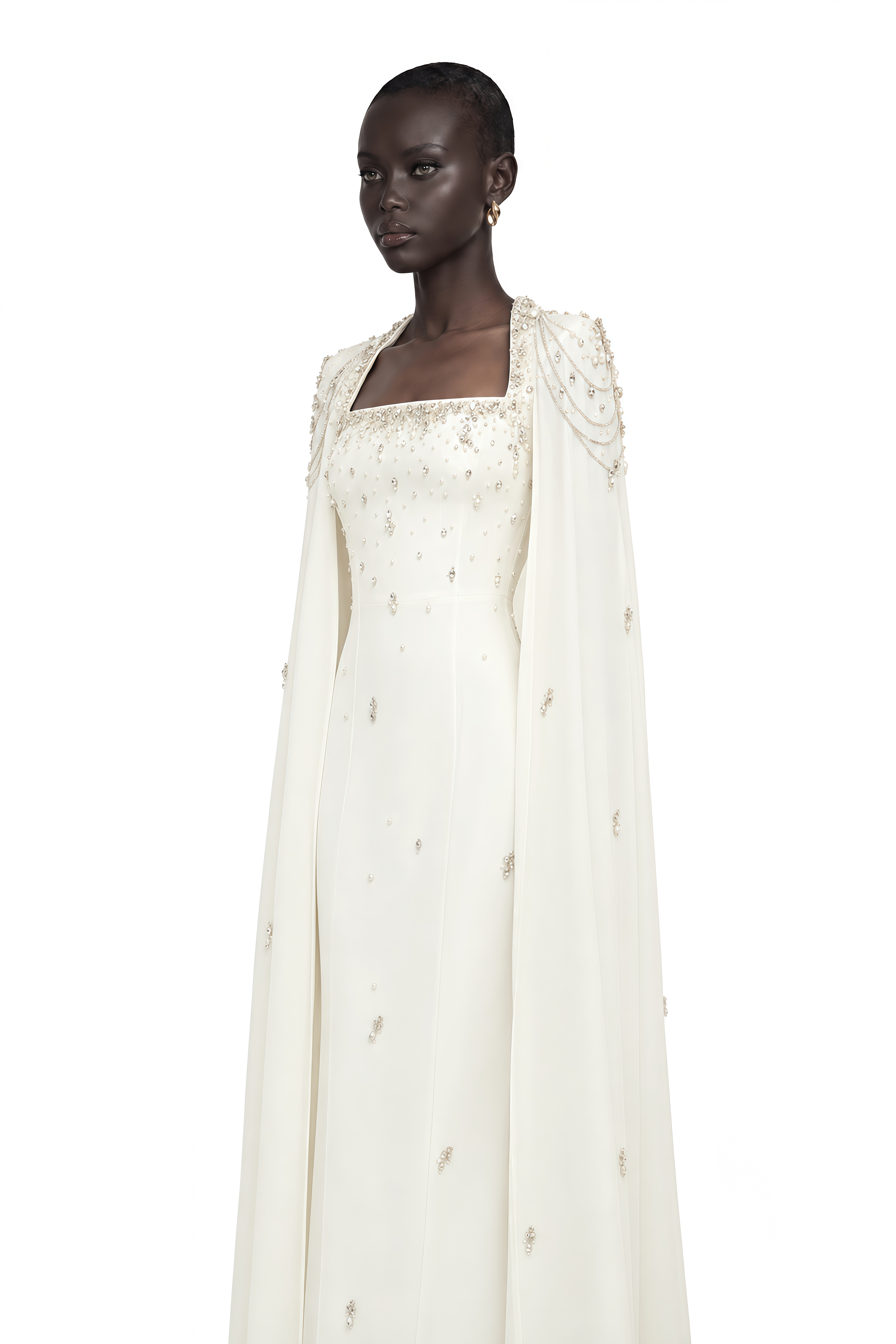 Épuré White Embellished Cape Gown