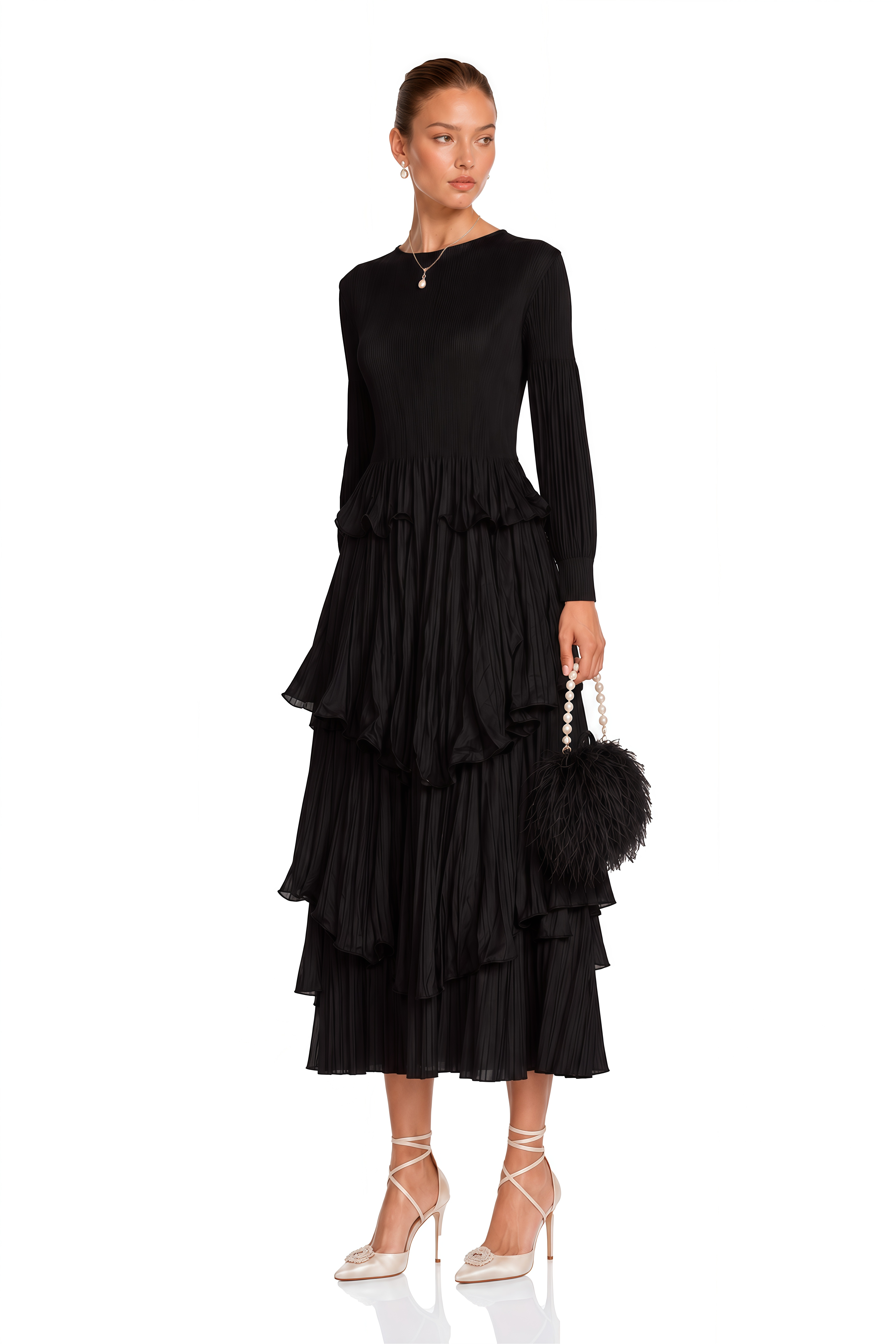 Brianna Black Tiered Pleated Midi Dress