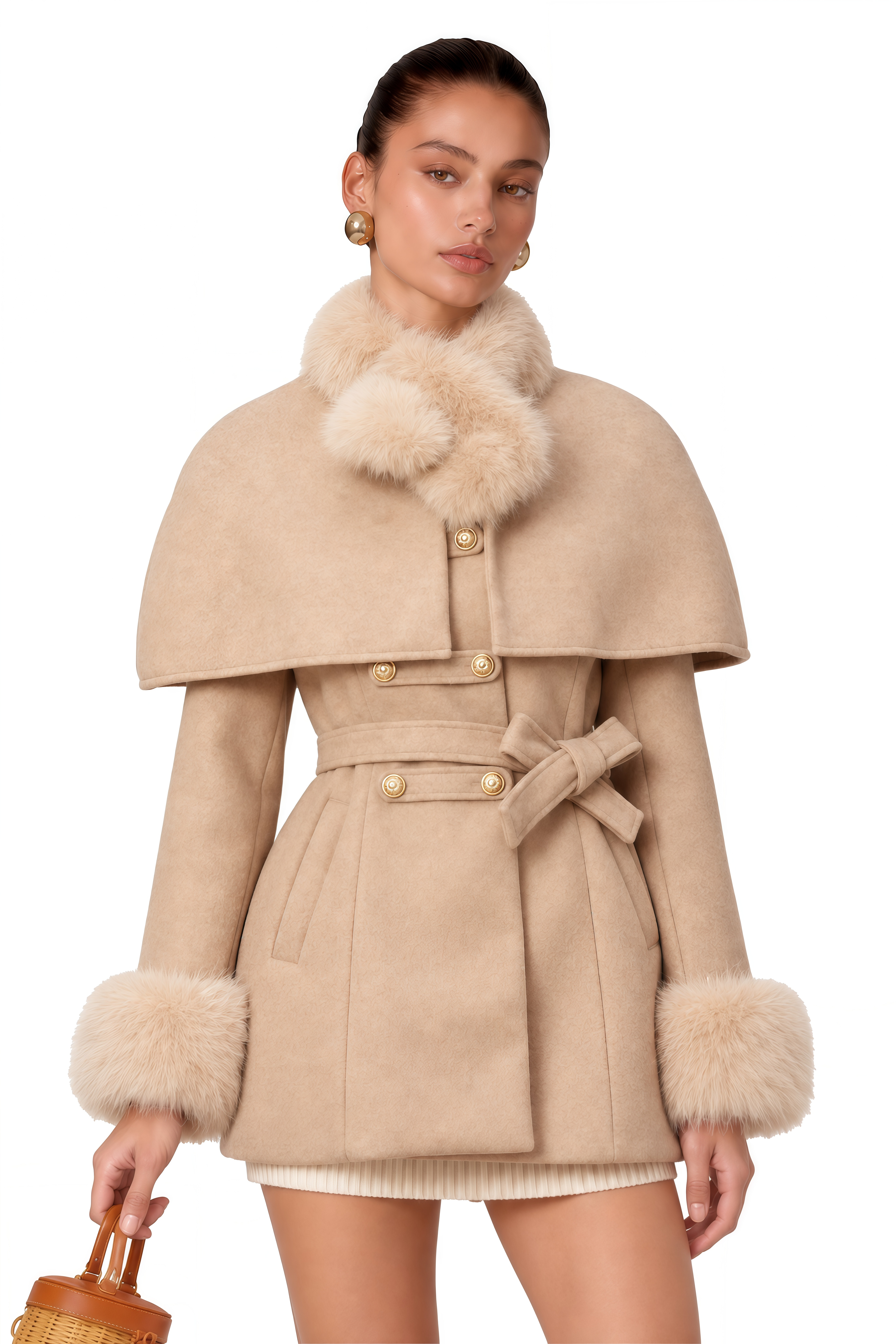 Rosella Detachable-Cape Faux-Fur Coat