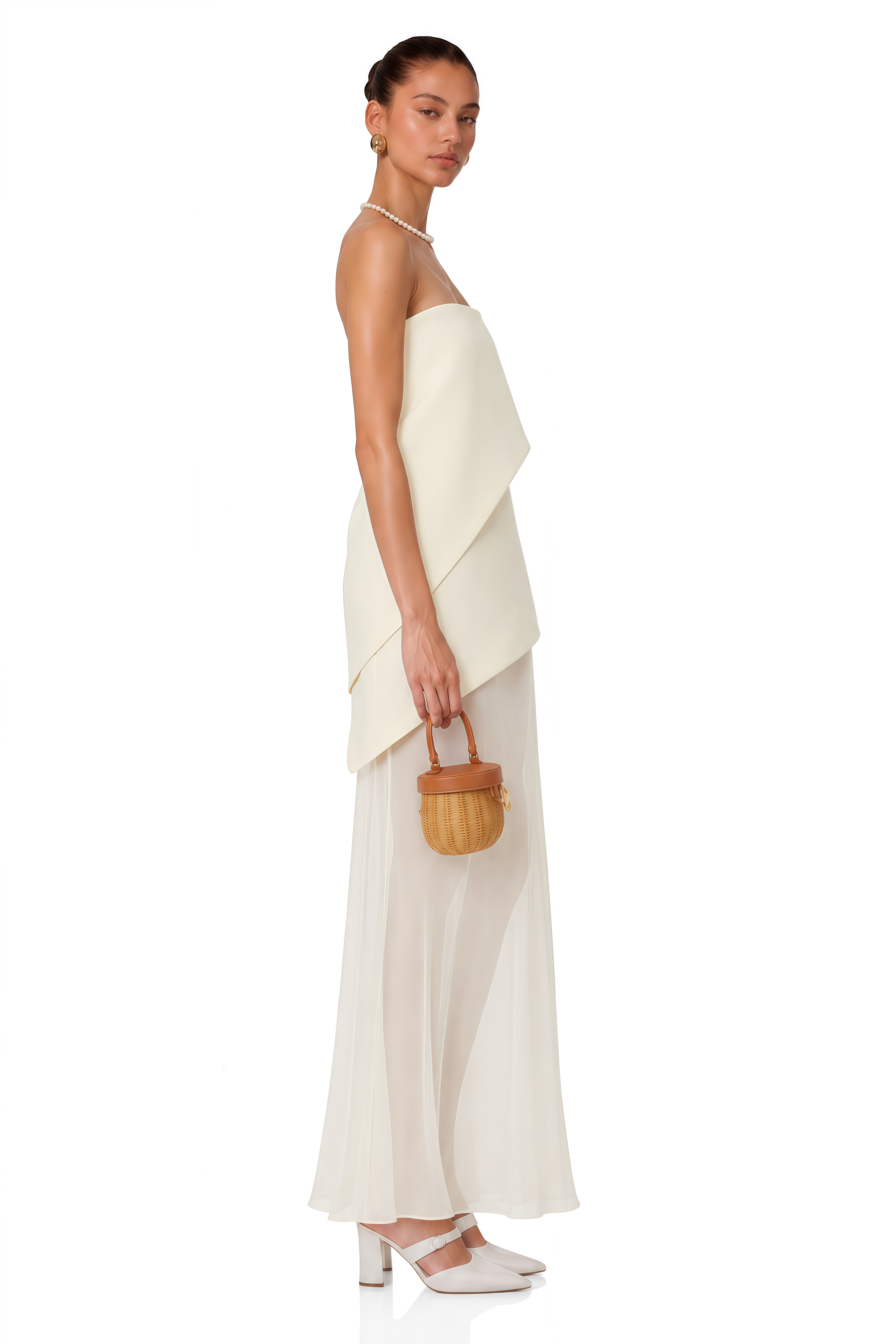 Idalina Ivory White Asymmetrical Mesh Maxi Dress
