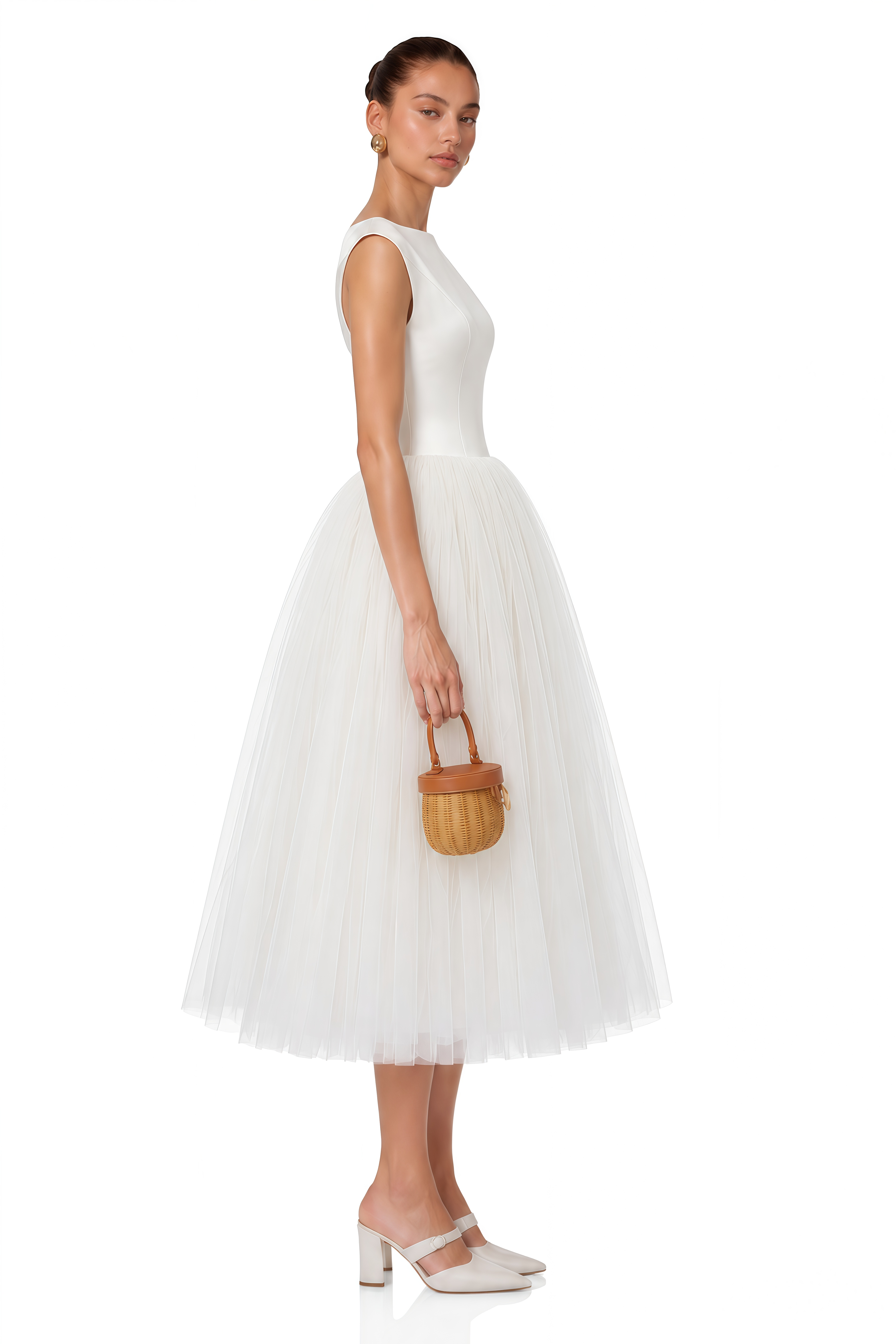 Salma White Pleated Flared Midi Dress