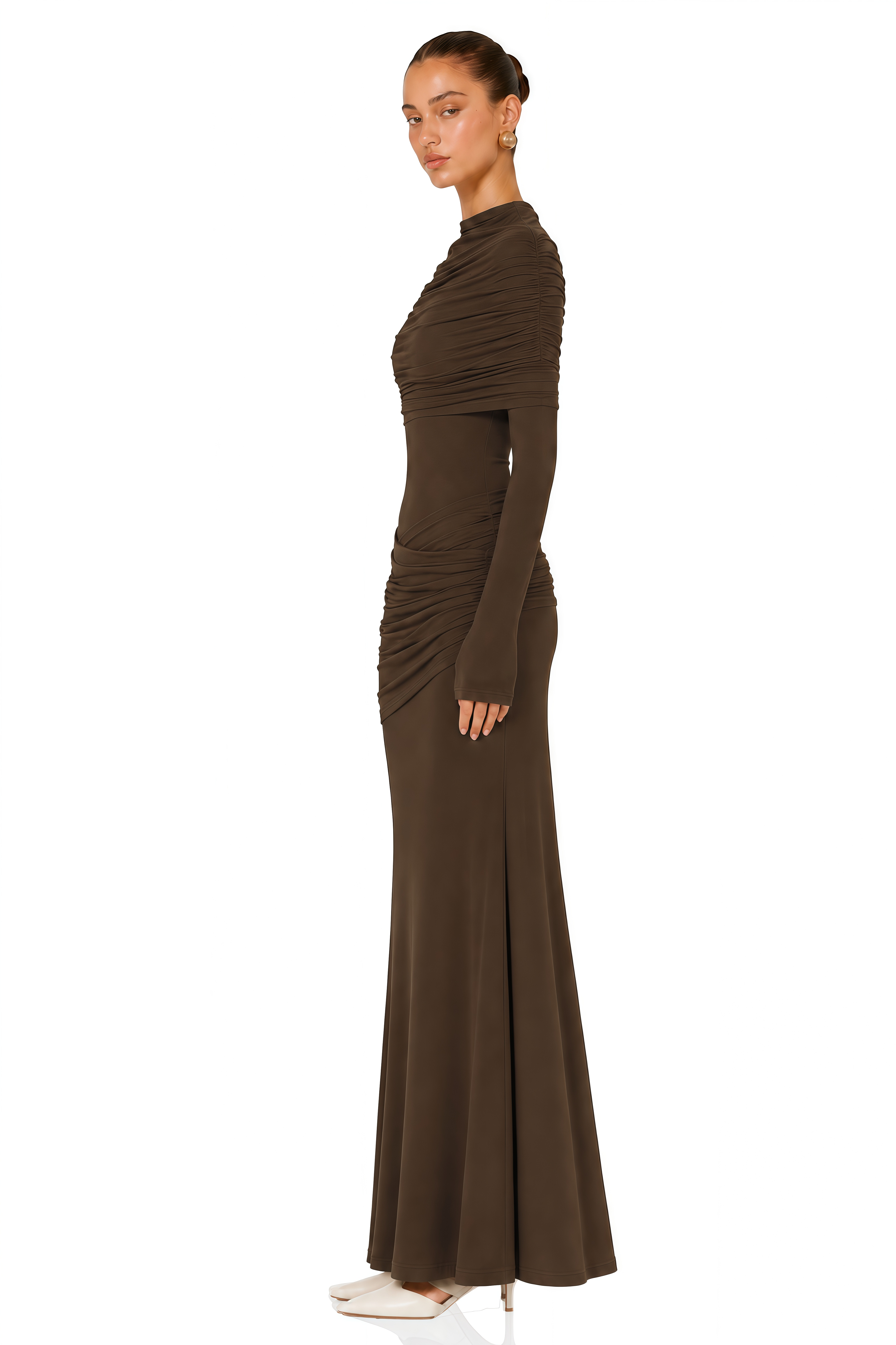 Éléna Brown Cape Design Ruched Maxi Dress