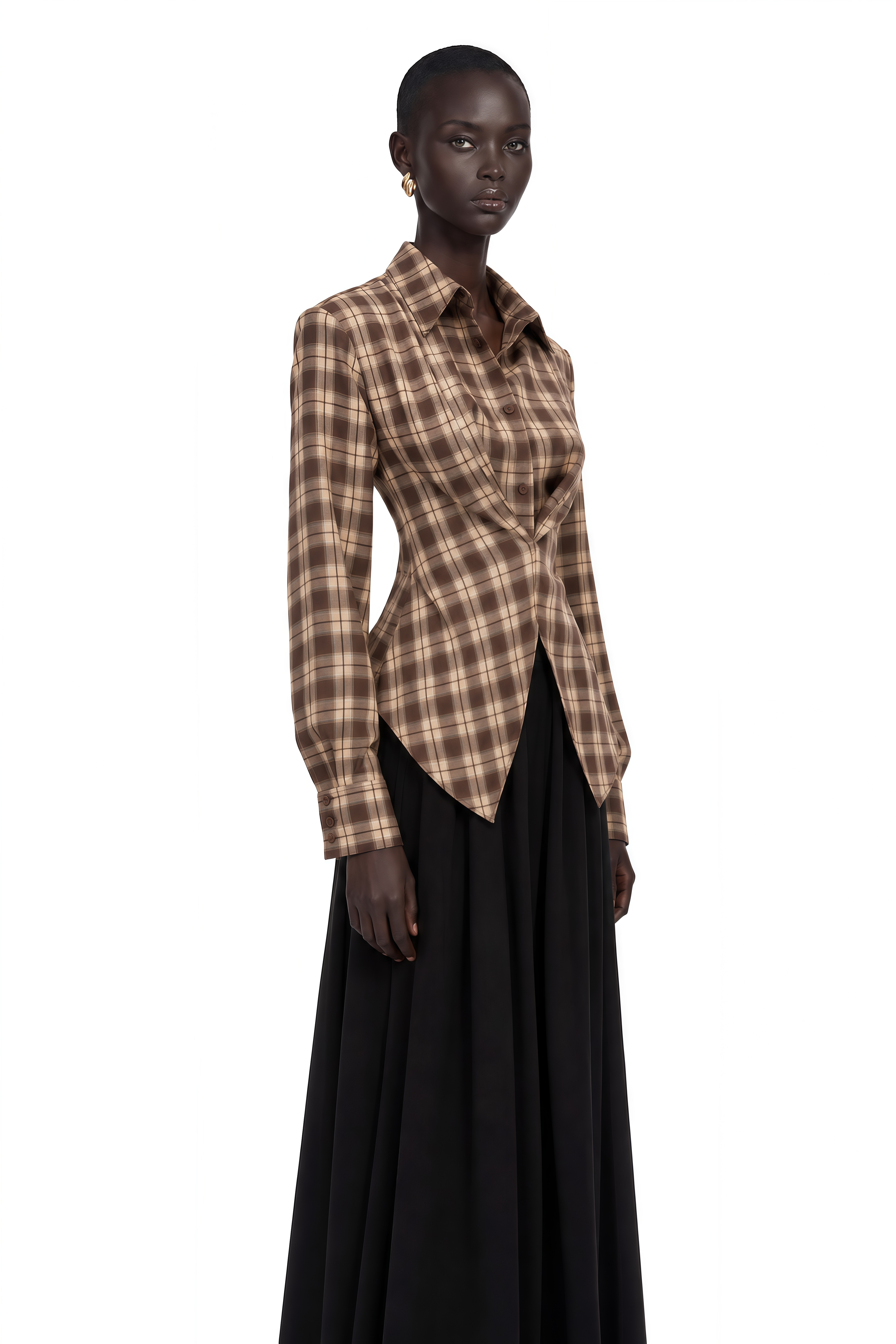 Amber Reddish-Brown Plaid Tailored Cutout Blouse