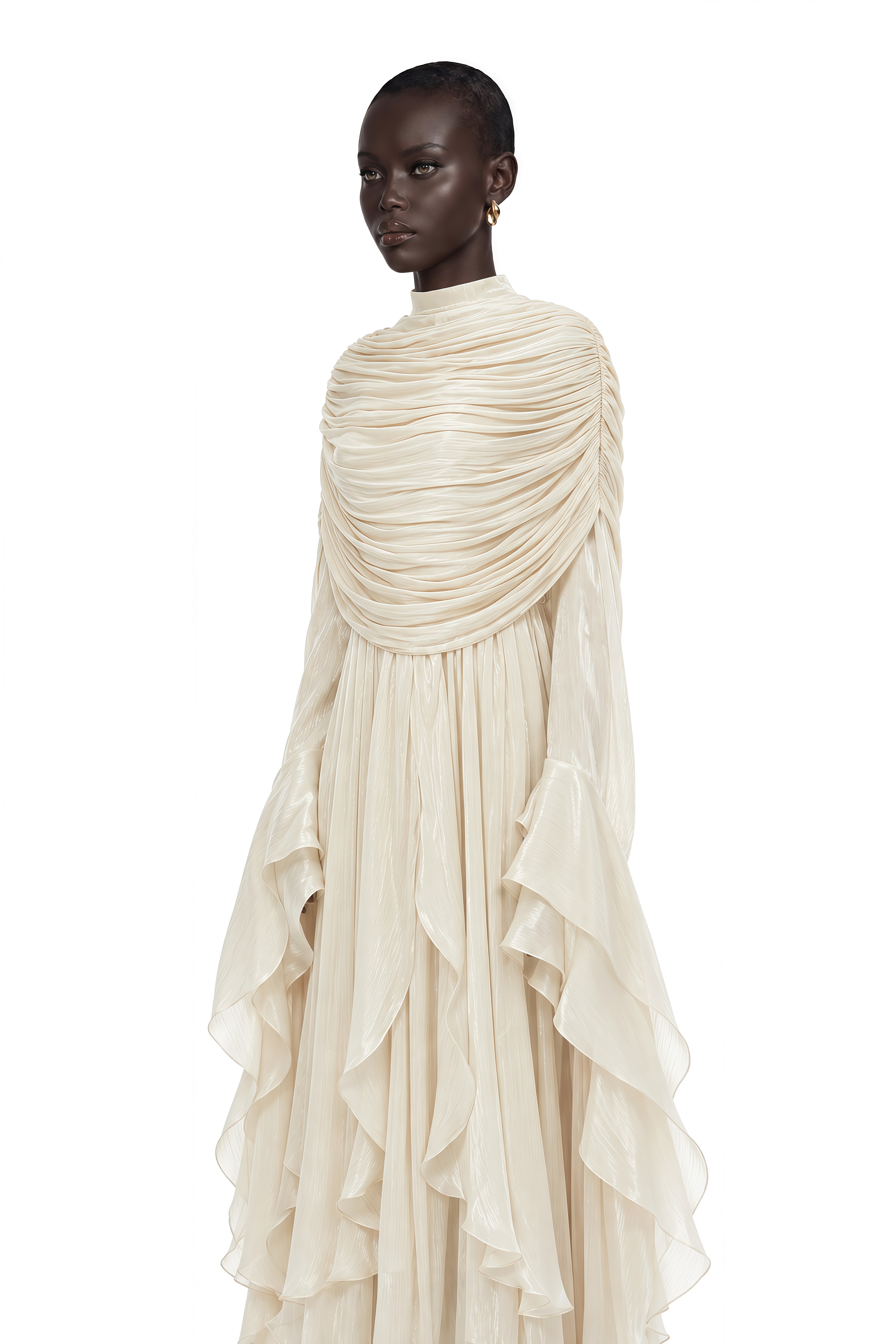 Gustave Neutral Ruched Cape Ruffled Maxi Dress