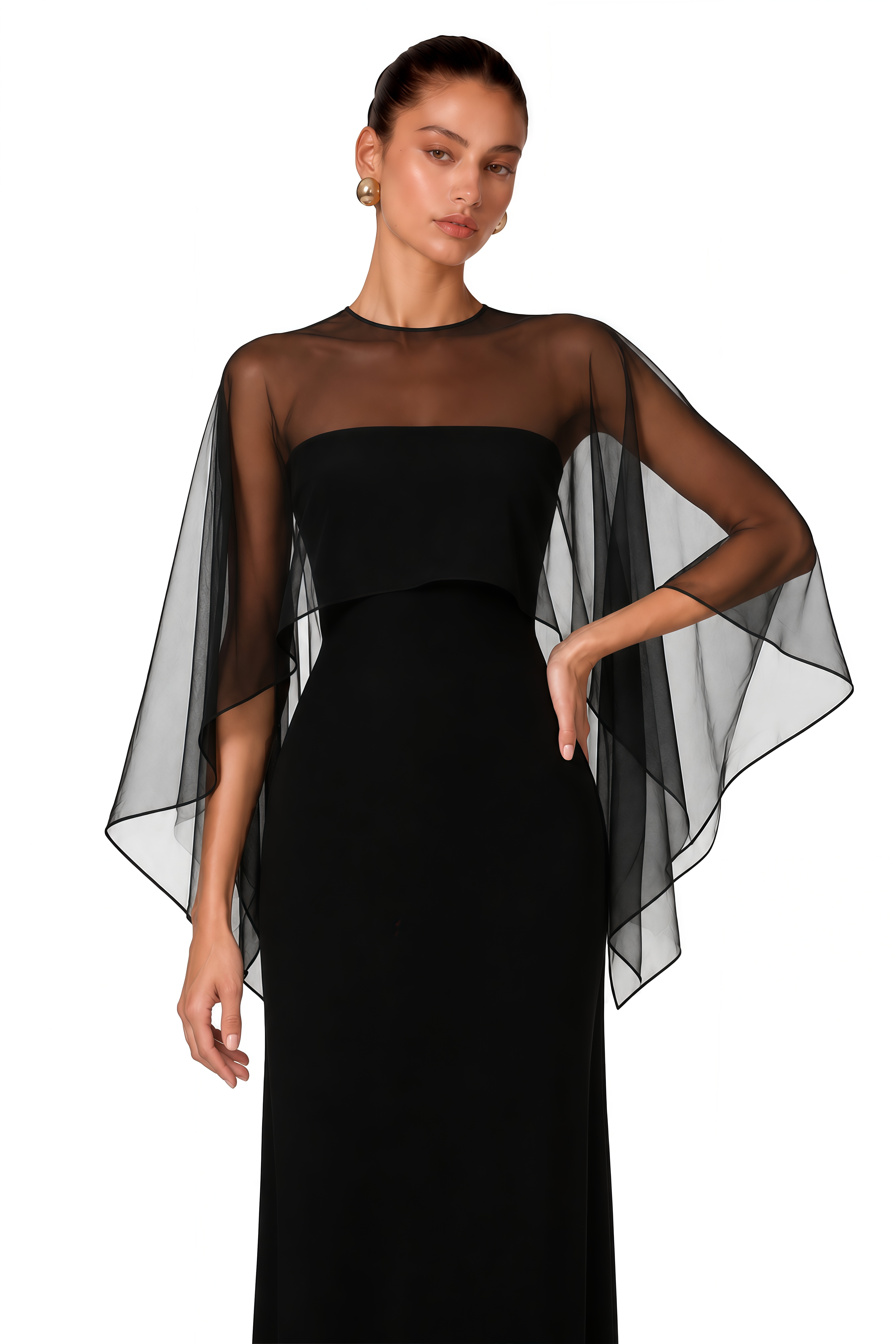 Xiomara Black Cape Design Satin Maxi Dress