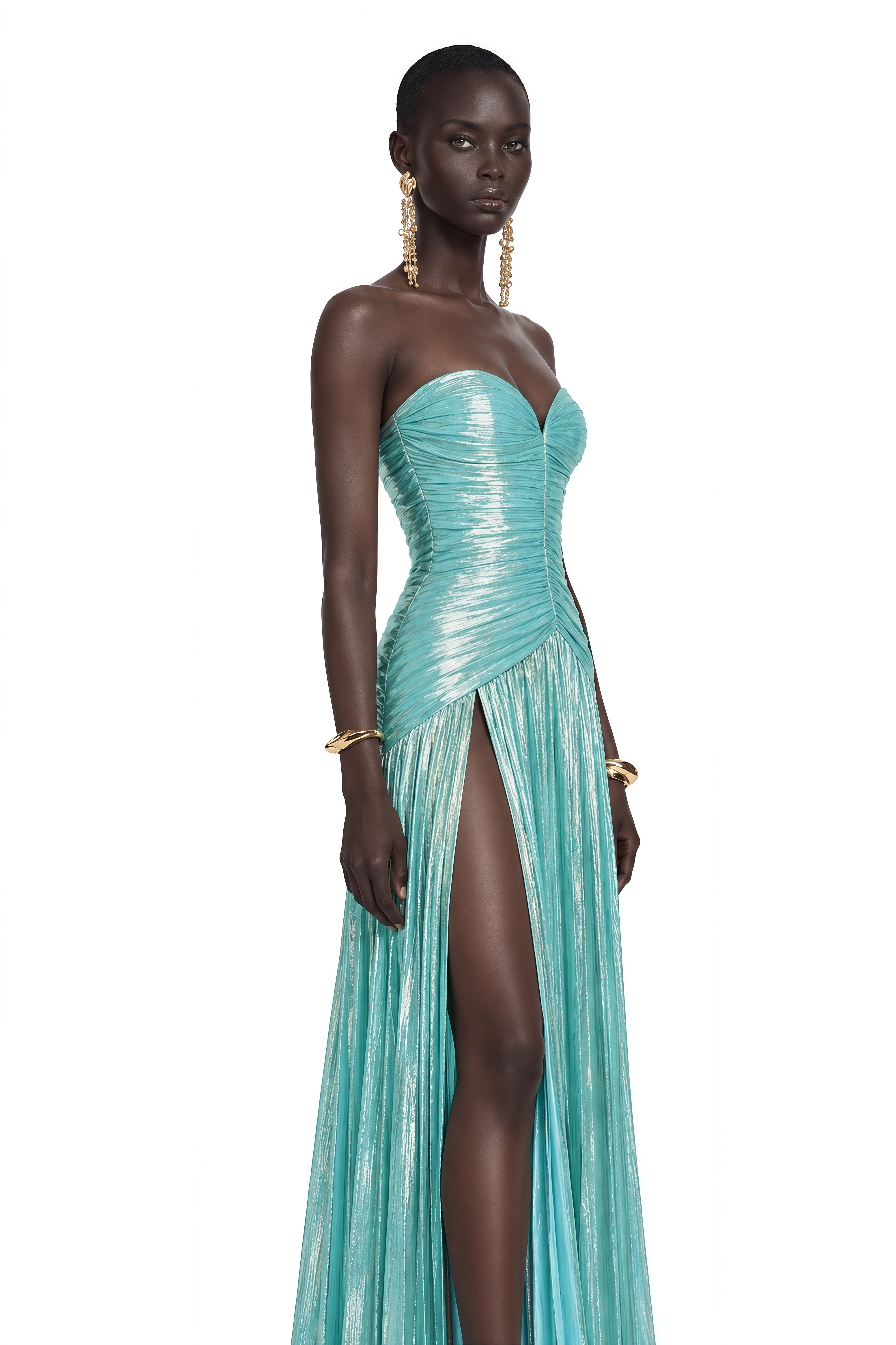 Azar Cobalt Blue Ruched Glossy Maxi Dress