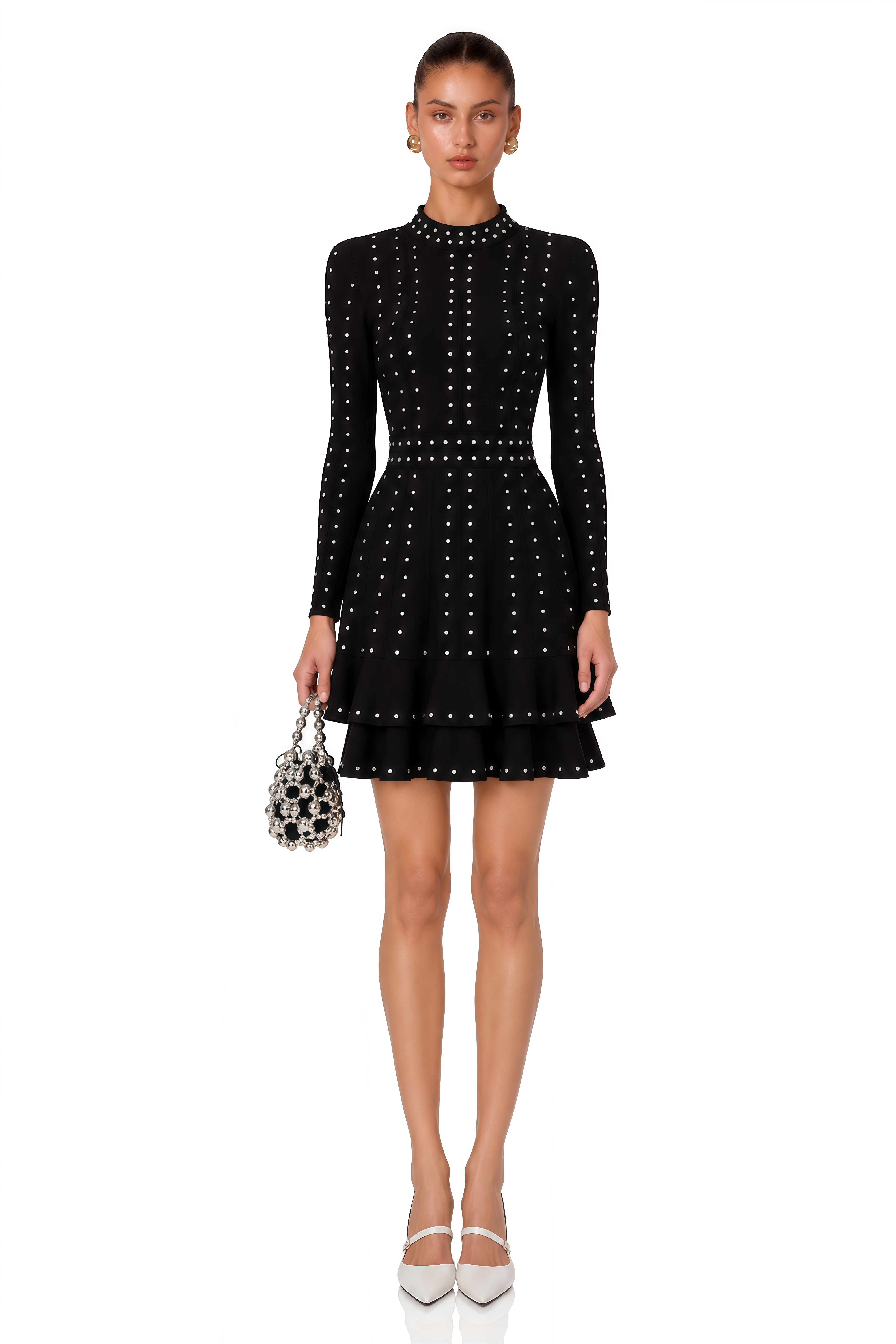 Fabienne Black Embellished Ruffled Knitted Mini Dress