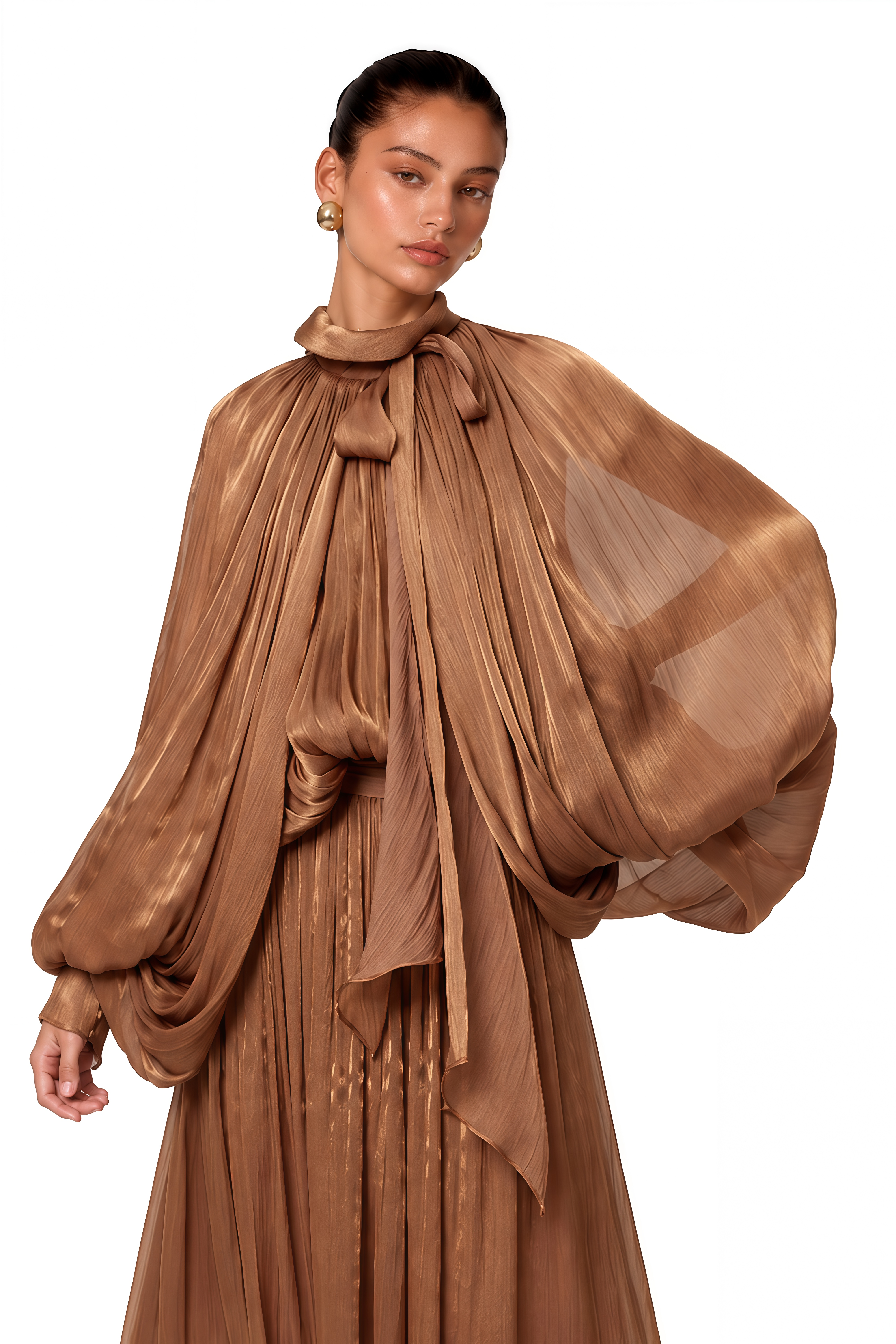 Mila Brown Pleated Satin Maxi Dress