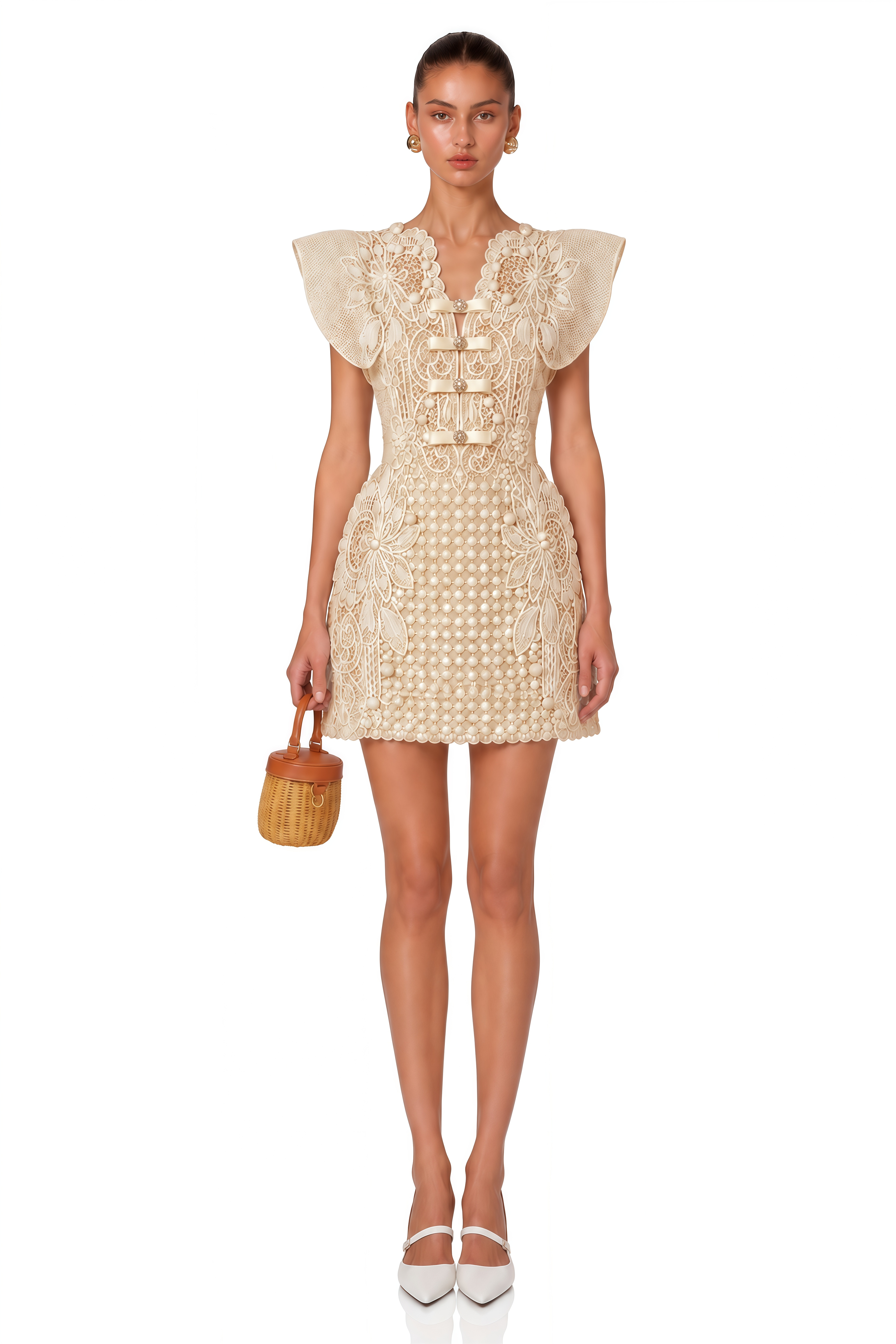 Cire White Embellished Mini Dress with Cap Sleeves