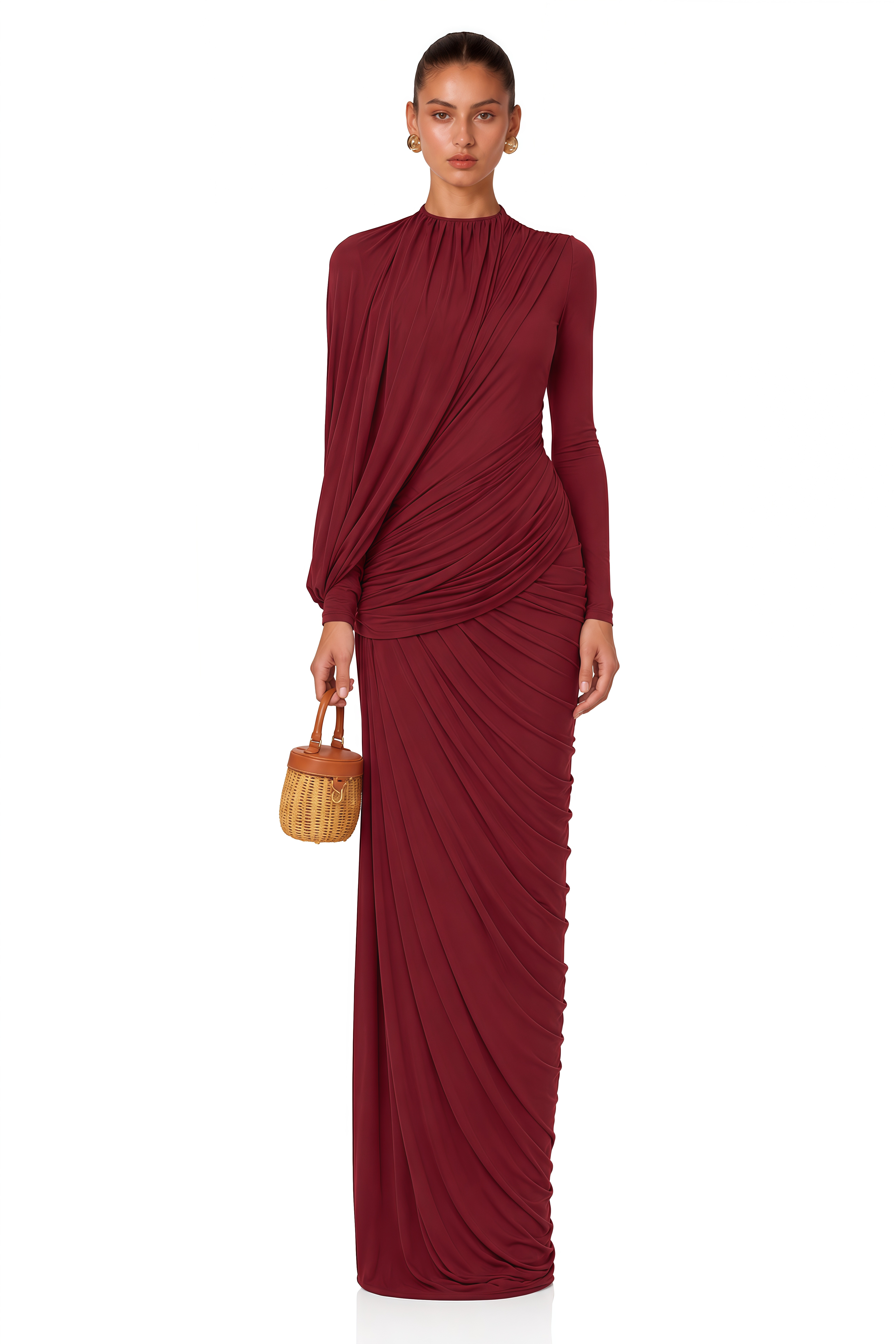 Arlette Red Asymmetrical Ruched Maxi Dress