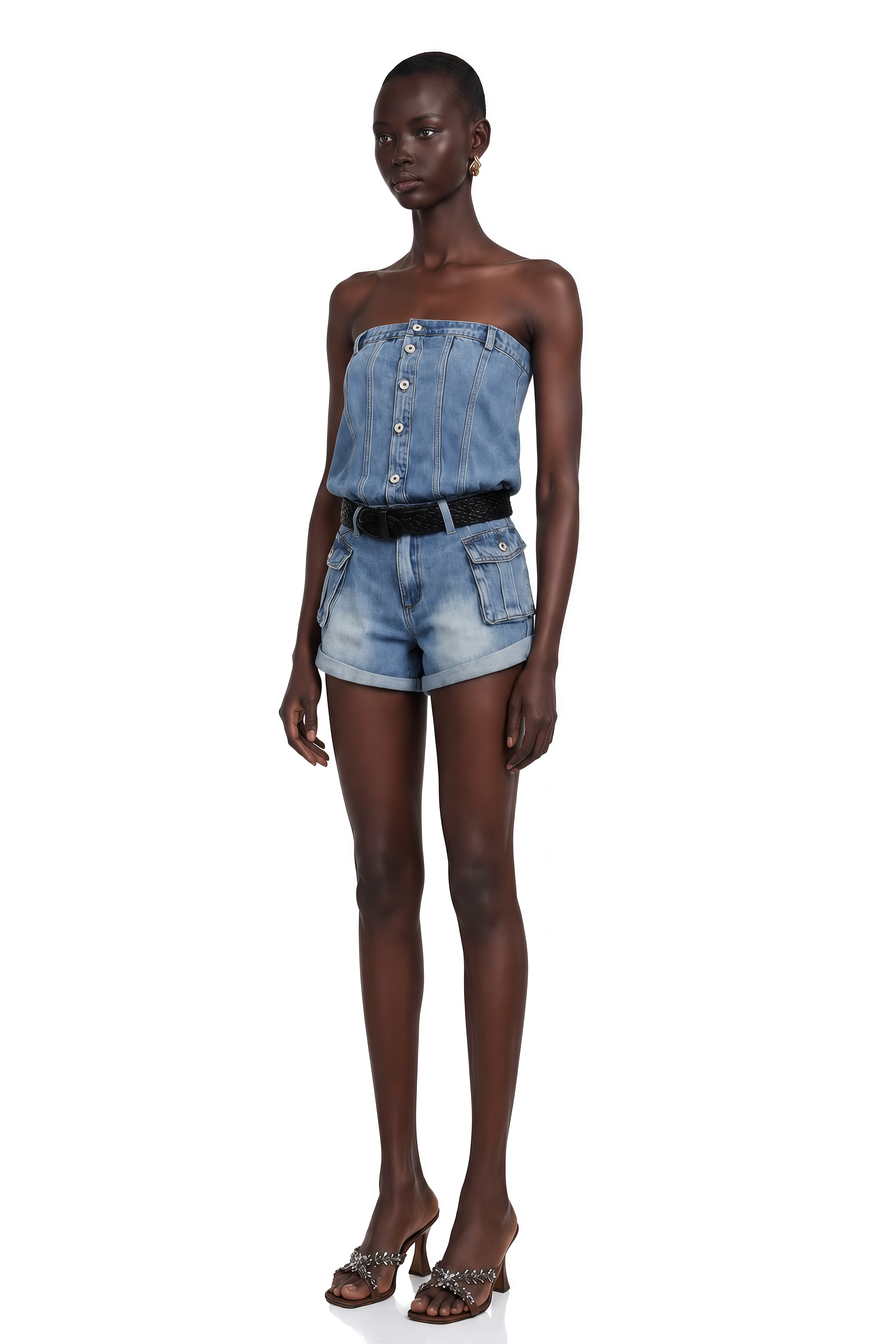 Marta Blue Faded Effect Denim Playsuit