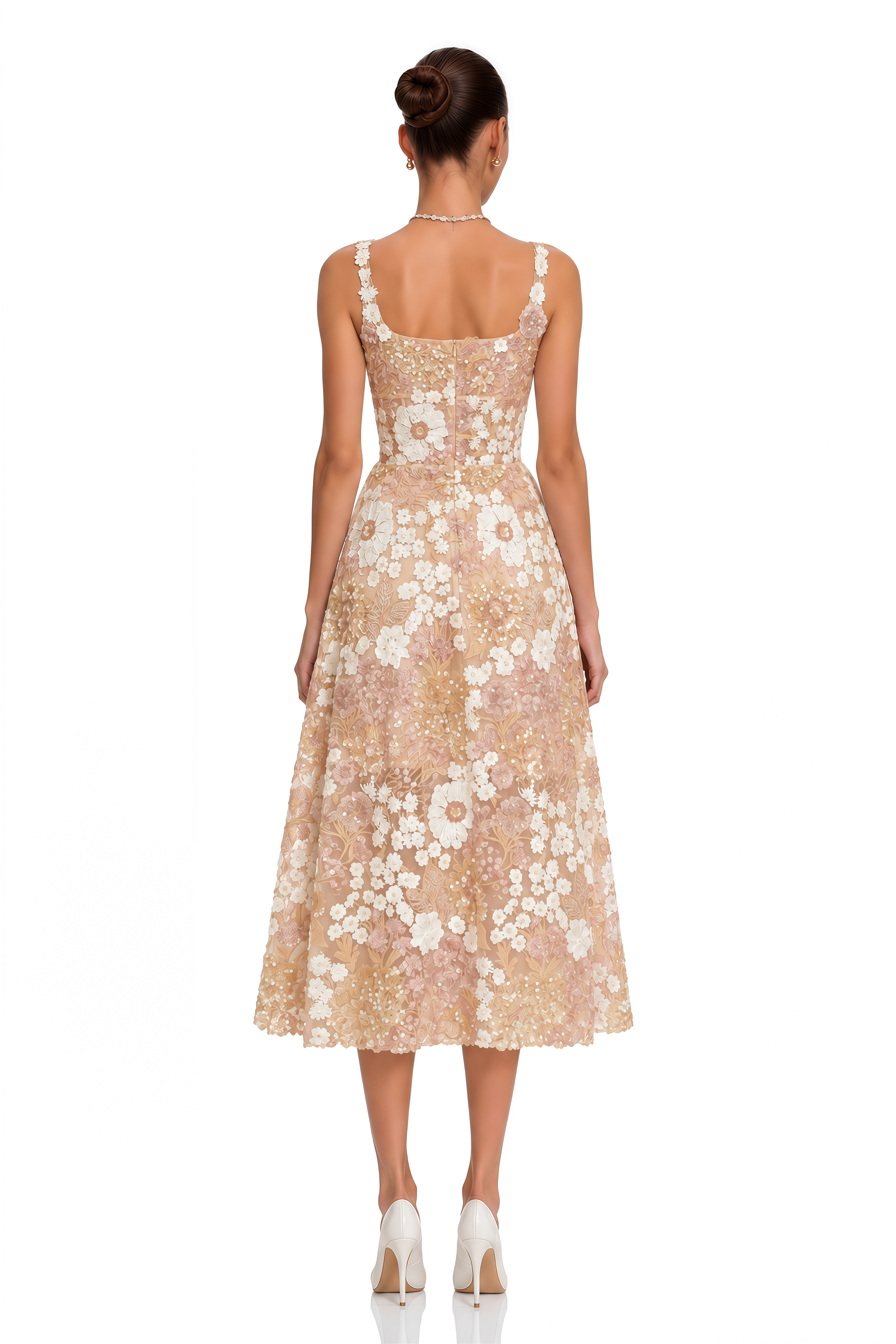 Eirlys Neutral Sequined Floral Tulle Midi Dress