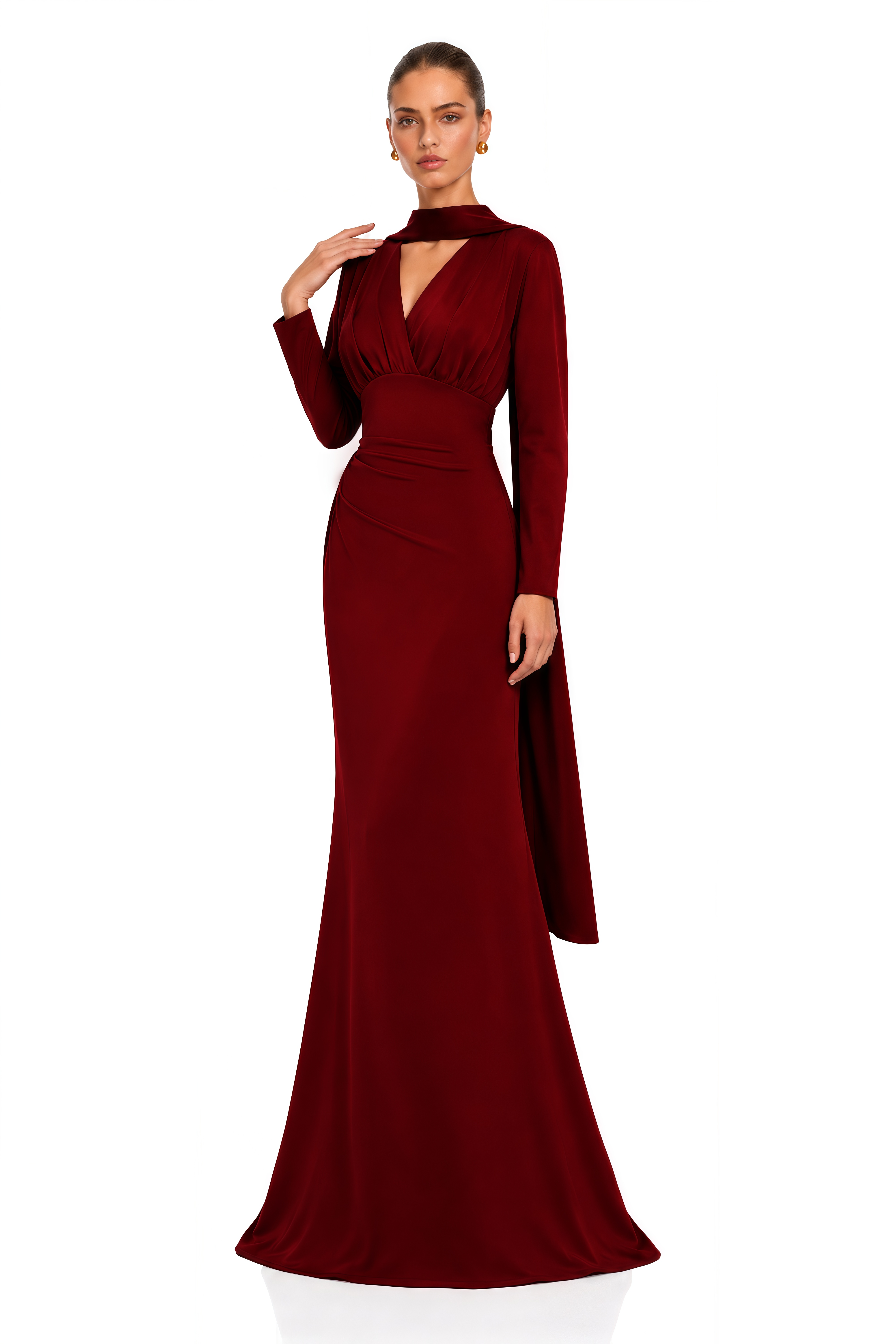 Margot Red Scarf Design Ruched Maxi Gown
