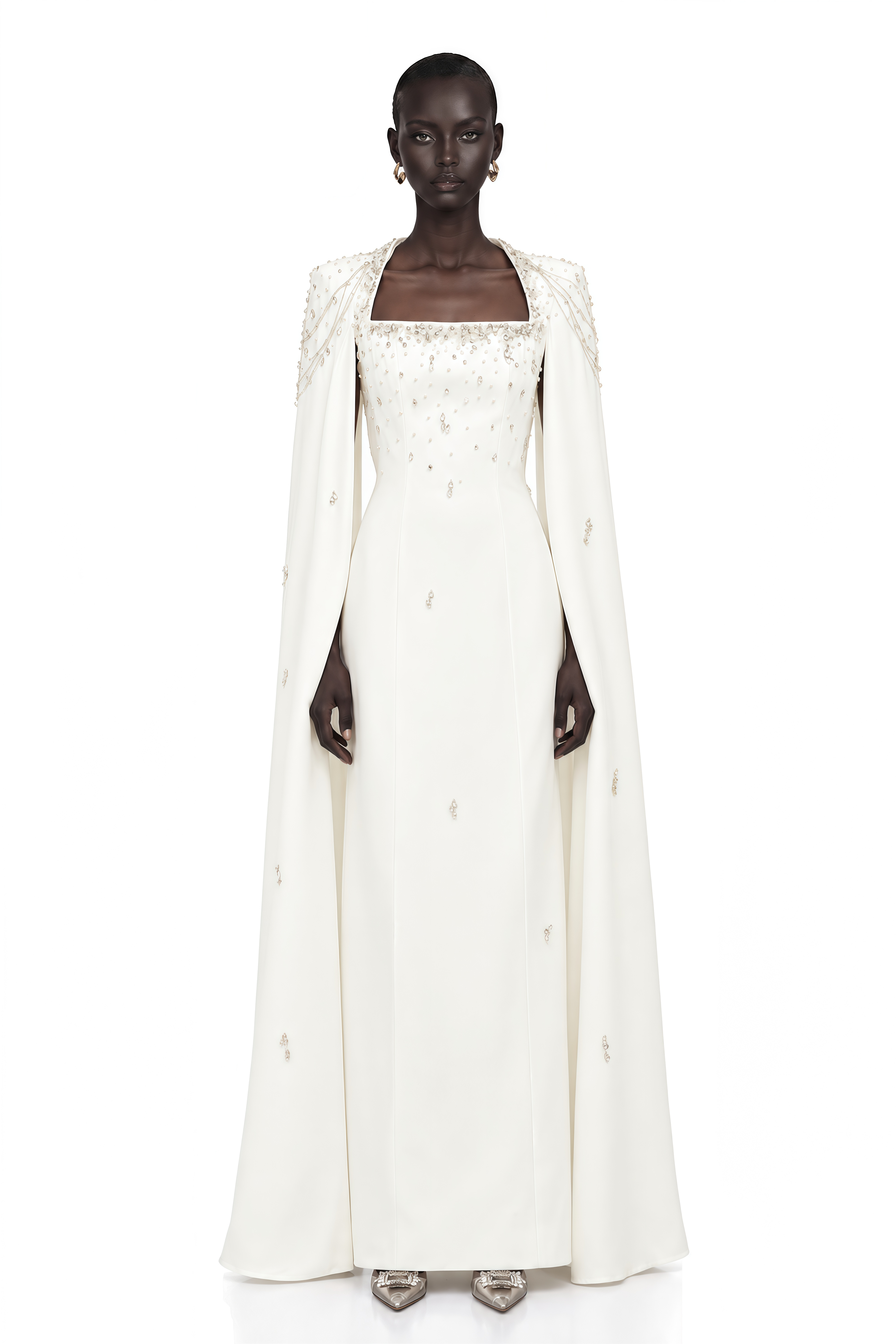 Épuré White Embellished Cape Gown
