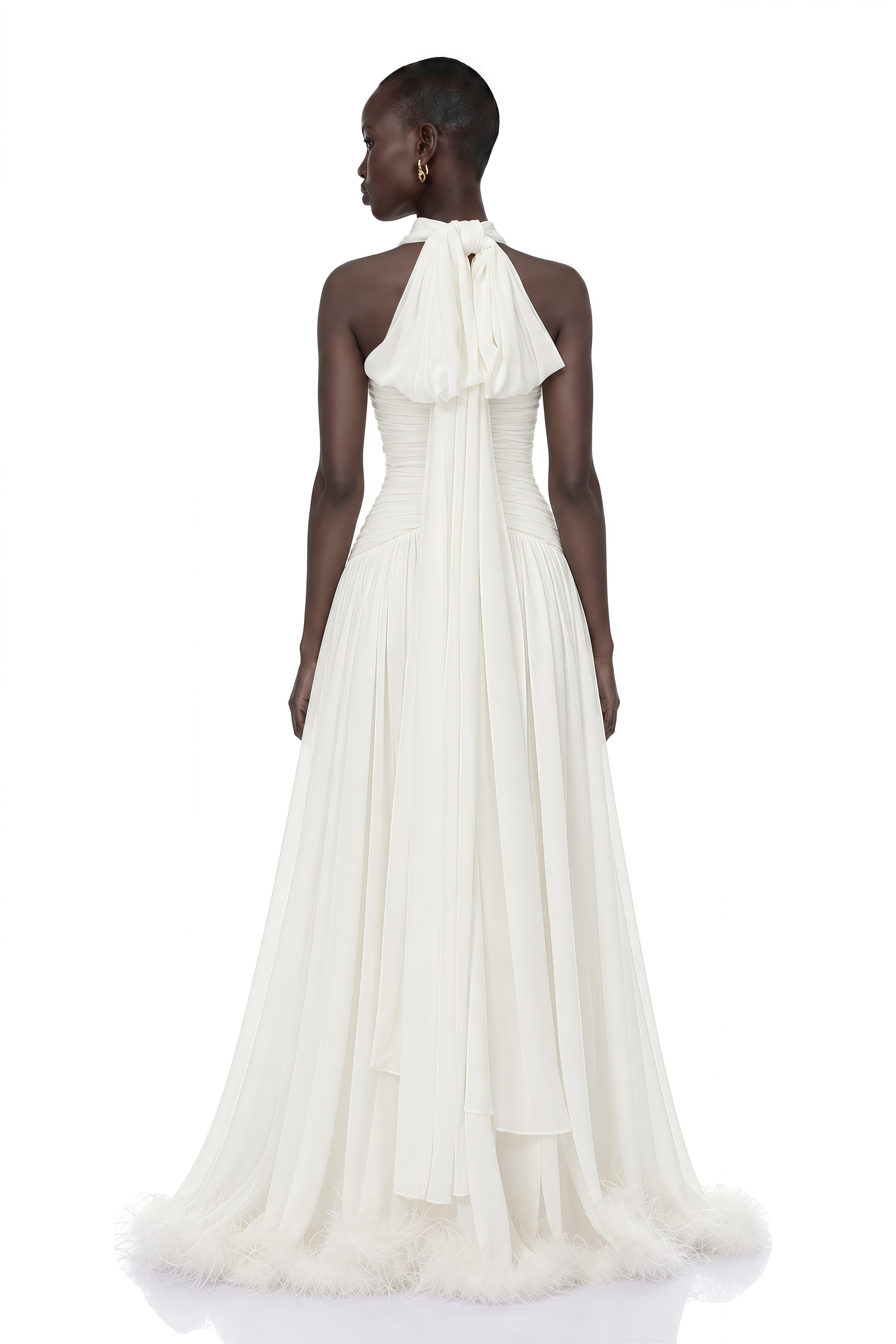 Ramona White Feather Hem Gathered Maxi Dress