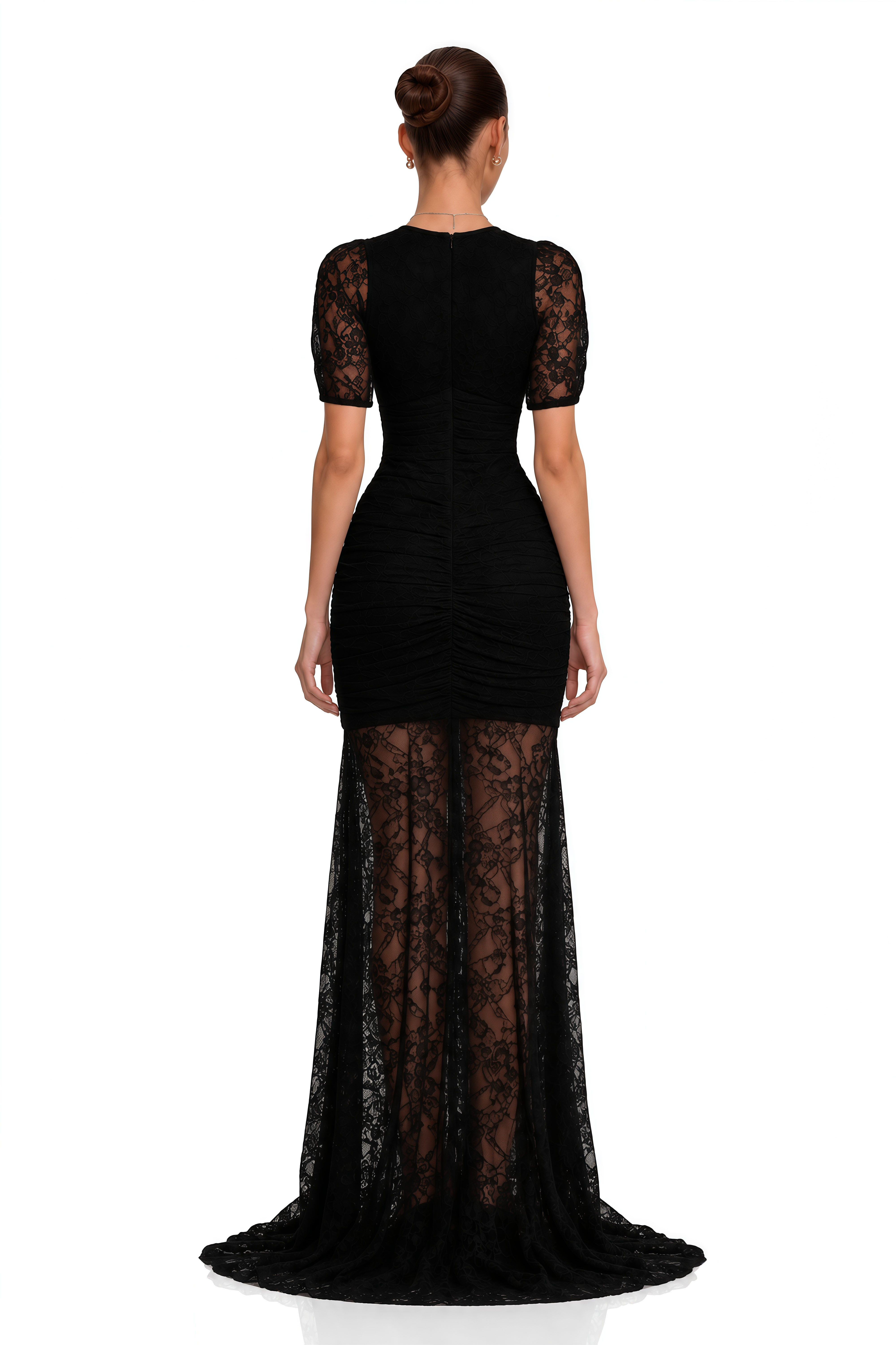 Sylphe Black Asymmetrical Ruched Lace Maxi Dress