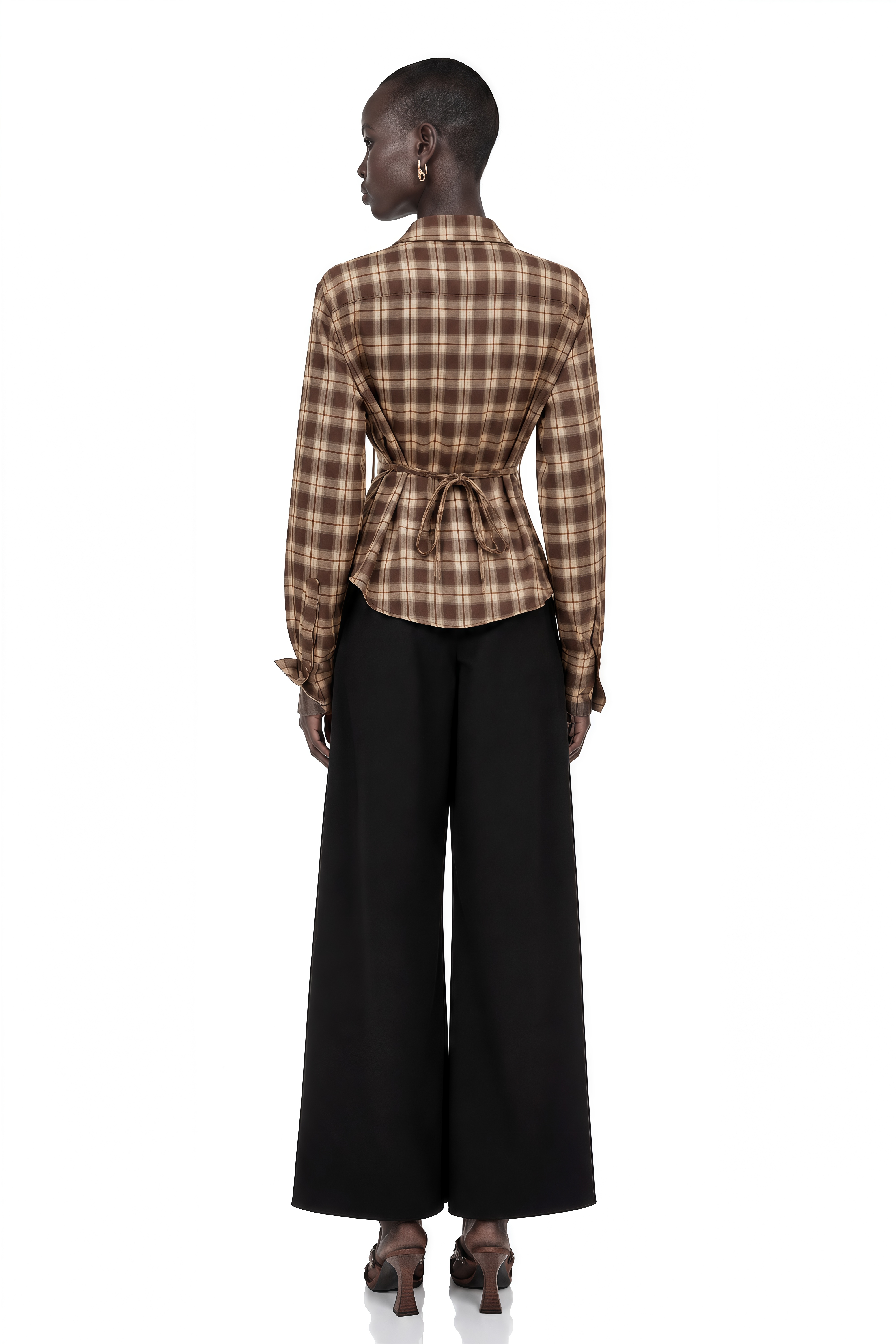 Amber Reddish-Brown Plaid Tailored Cutout Blouse