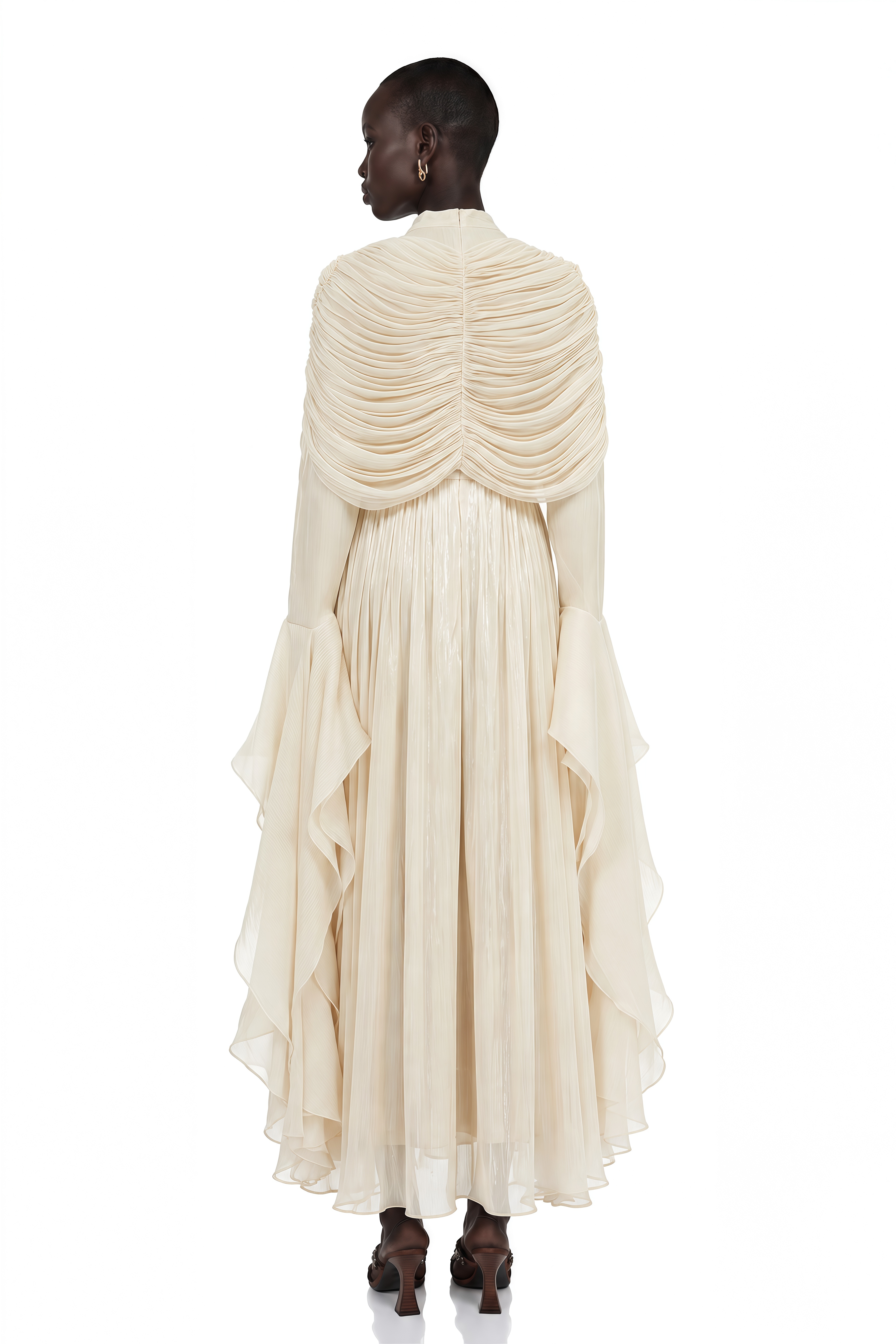 Gustave Neutral Ruched Cape Ruffled Maxi Dress