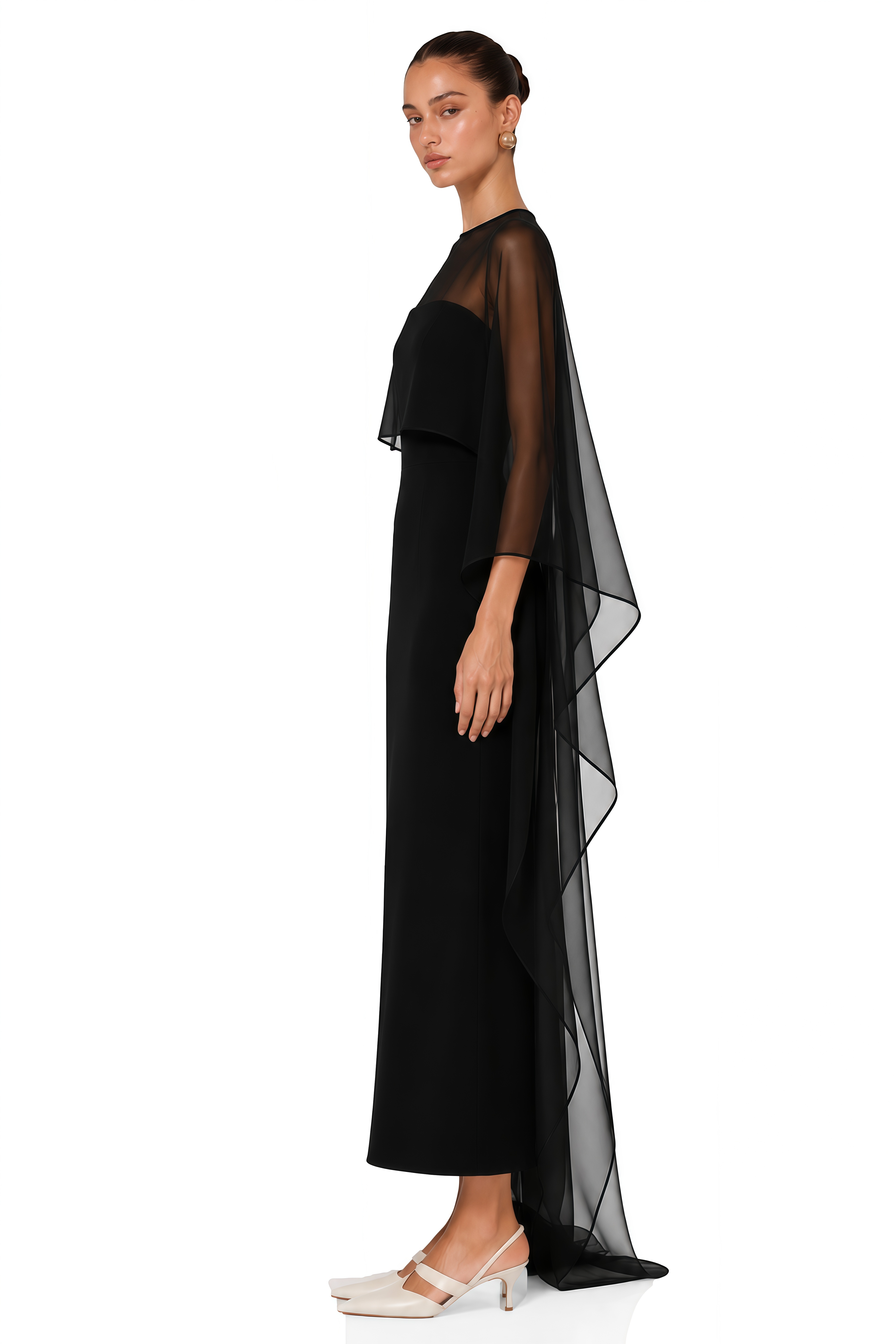 Xiomara Black Cape Design Satin Maxi Dress