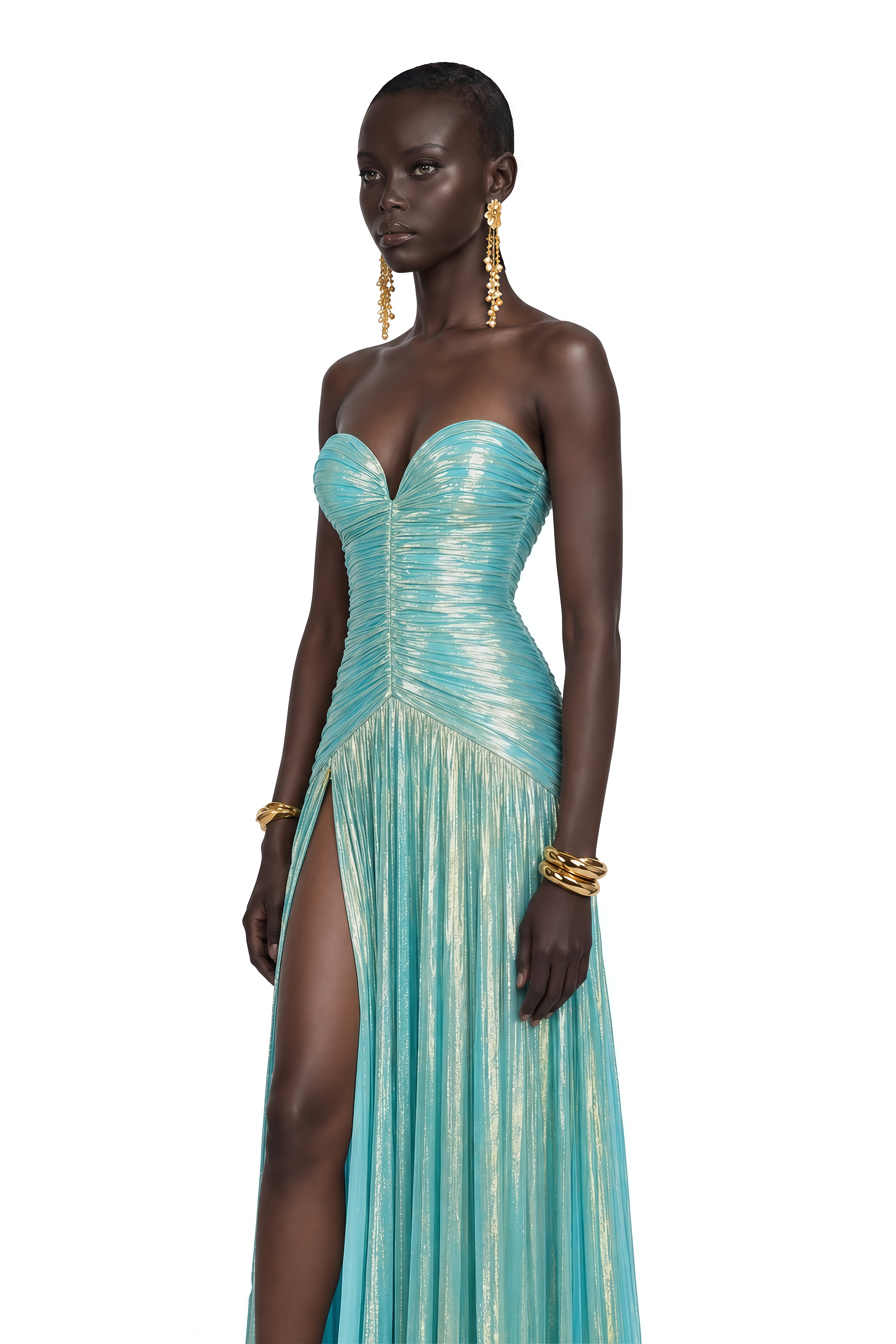 Azar Cobalt Blue Ruched Glossy Maxi Dress